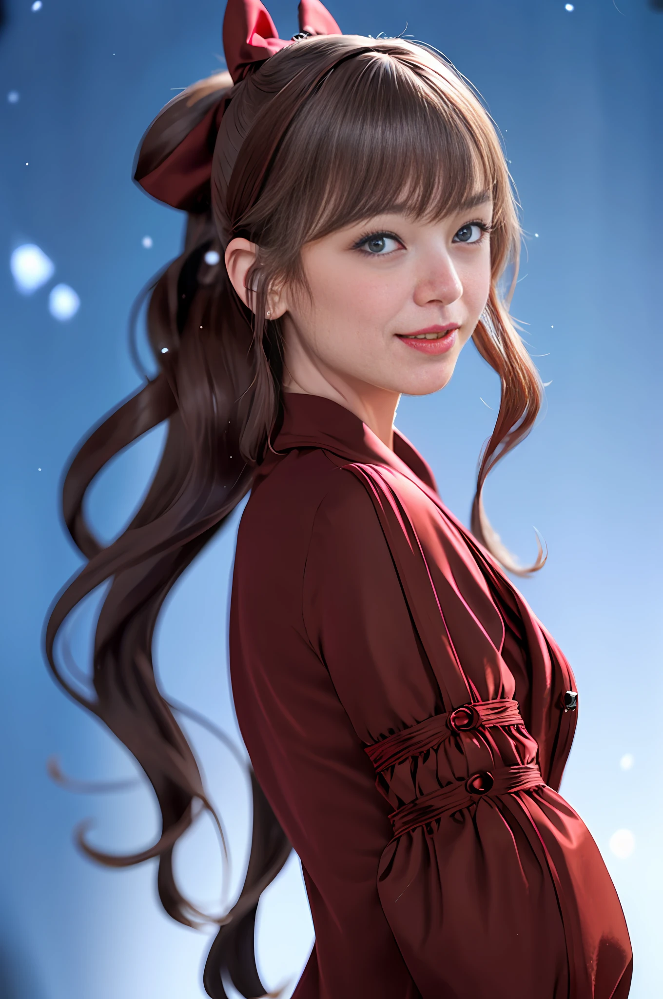 (extremely delicate and beautiful:1.2),1girl,fashi-girl, bangs, blue eyes, blurry, blurry background, bow, brown hair, closed mouth, from side, hair between eyes, hair bow, lantern, light particles, long sleeves, looking at viewer, medium hair, night, red bow, solo, star \(symbol\), upper body,smile,red lips