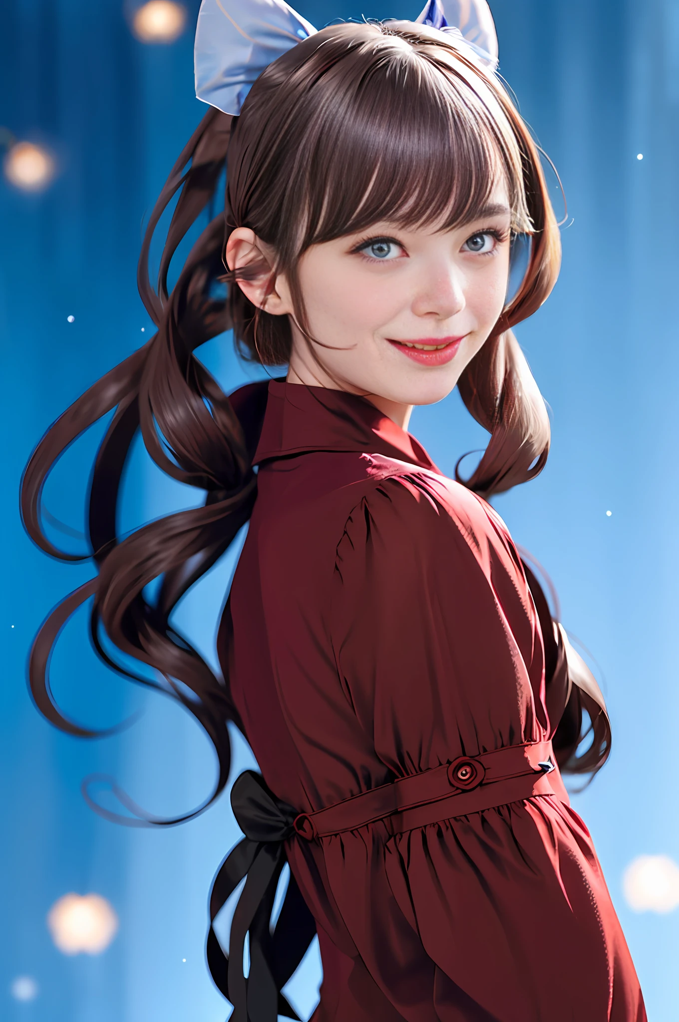 (extremely delicate and beautiful:1.2),1girl,fashi-girl, bangs, blue eyes, blurry, blurry background, bow, brown hair, closed mouth, from side, hair between eyes, hair bow, lantern, light particles, long sleeves, looking at viewer, medium hair, night, red bow, solo, star \(symbol\), upper body,smile,red lips