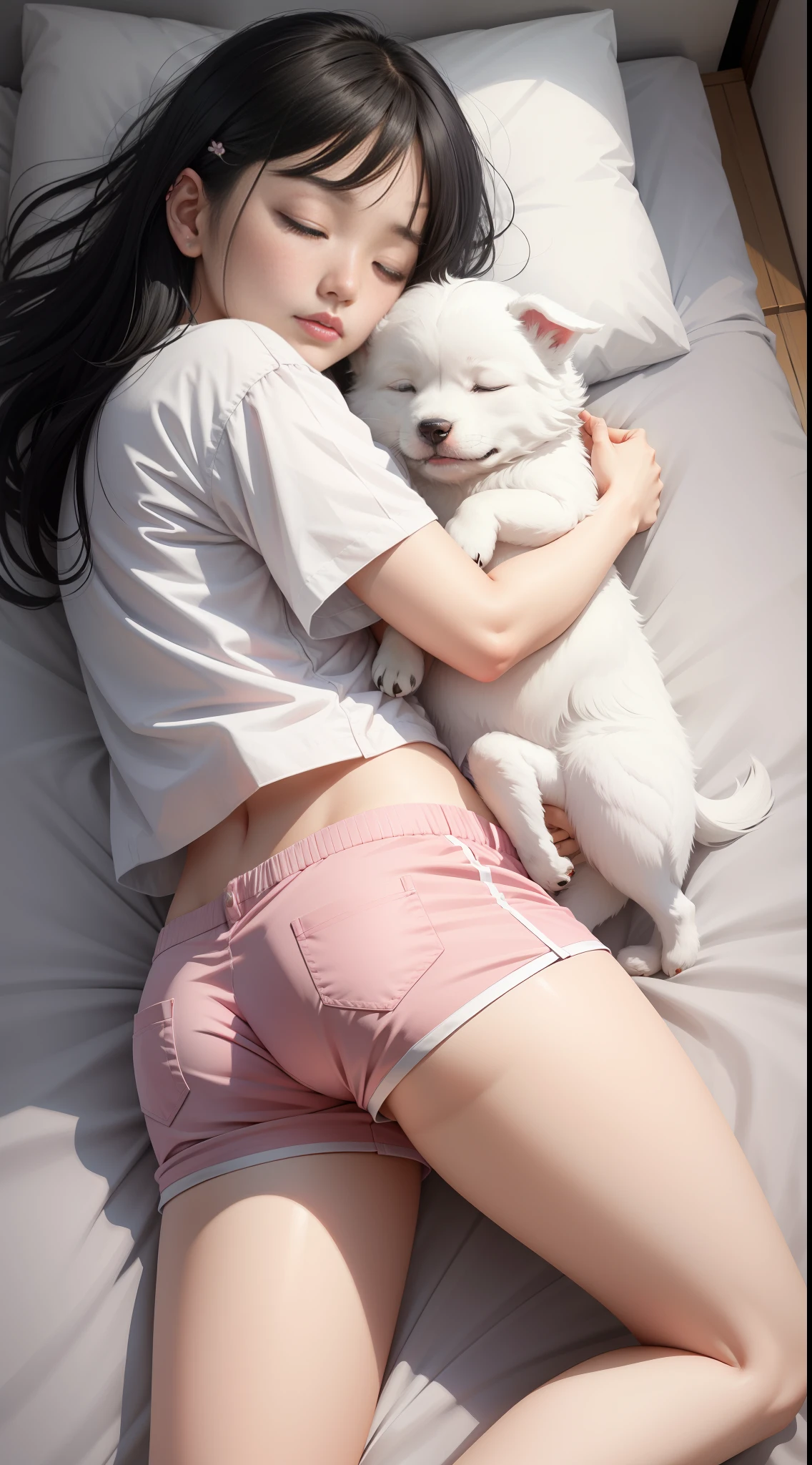 A sleeping Asian woman, 25 years old, realistic, she wears pink shorts, white t-shirt, white hair. High detail, high resolution. Sleep with a puppy, white skin, hold a puppy, hold a puppy, beautiful and charming,