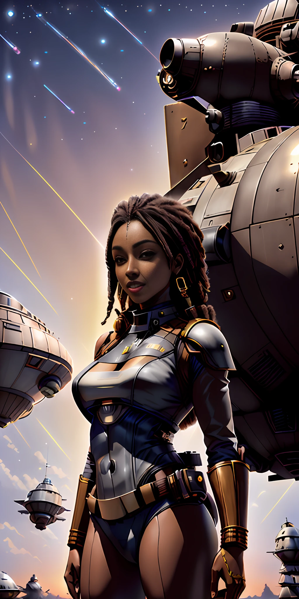 ((realistic image of a beautiful African-American woman, dark skin color)), beautiful smile, ((looking at the night sky, standing in front of the Millennium Falcon)), wearing mandallor armor, long mega hair hair, dreadlocks, ((kanekalon)), camera view against plongée, golden ratio, dark background lighting, close-up, detailed facial details, perfect face, sharpness, trend art, sharp facial details,  Ultra high quality, line art, high fantasy, exquisite, 4K, soft lighting 8K, dreamer--ISO 100