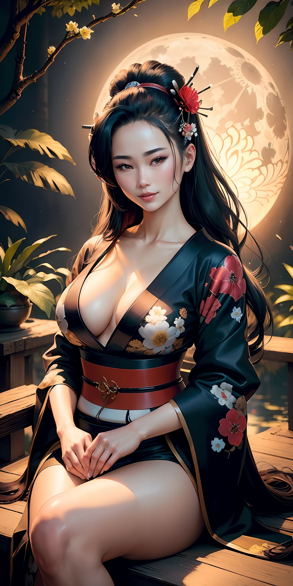 A gorgeous sexy 23-year-old geisha with flowing flowing hair loose, (photorealistic:photorealistic, 8K masterpiece), short black and white curt kimono with bright neon flower details, sitting under a futuristic tree trunk (science fiction) with a bright full moon behind (hyperrealistic:realistic intricate details), smiling: sensual features, (texture and well-detailed ambience perfect lighting).