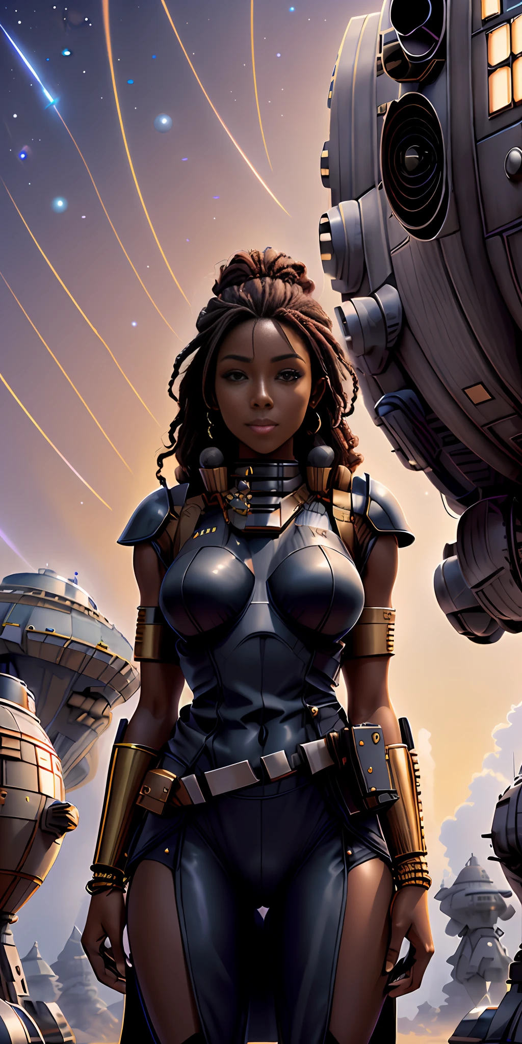 ((realistic image of a beautiful African-American woman, dark skin color)), beautiful smile, ((looking at the night sky, standing in front of the Millennium Falcon)), wearing mandallor armor, long mega hair hair, dreadlocks, ((kanekalon)), camera view against plongée, golden ratio, dark background lighting, close-up, detailed facial details, perfect face, sharpness, trend art, sharp facial details,  Ultra high quality, line art, high fantasy, exquisite, 4K, soft lighting 8K, dreamer--ISO 100