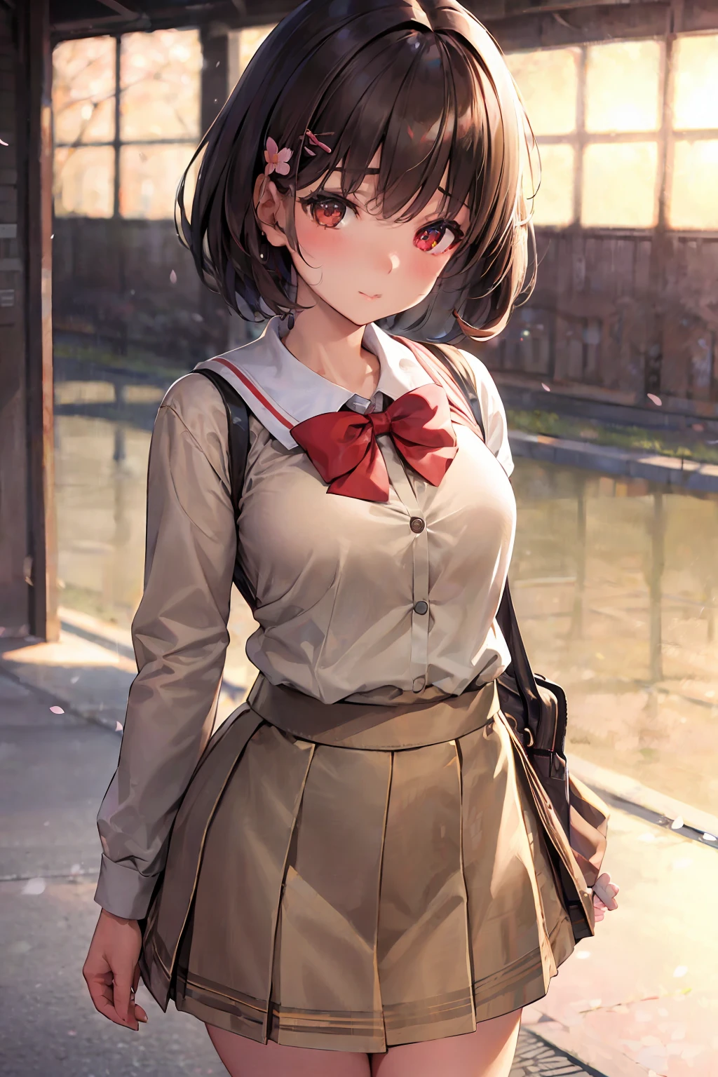 masterpiece, best quality, high resolution, extremely detailed, detailed background, cinematic lighting, 1girl, cute, medium breasts, school uniform, skirtlift, public indecency, looking at viewer, buildings, outdoor, cherry blossoms, bokeh,