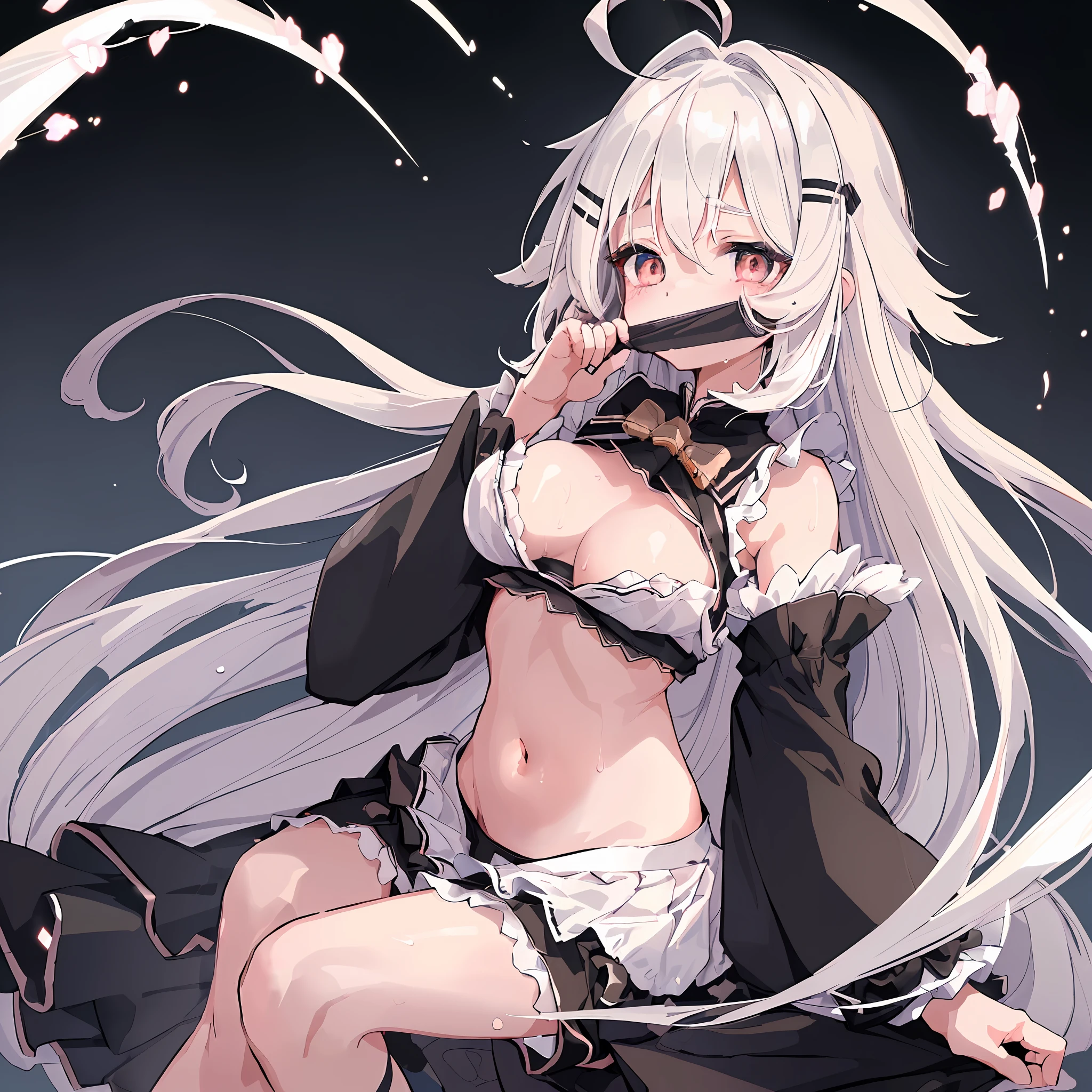 (Masterpiece, best quality: 1.2), 1girl, solo, (kawaii, loli: 1.4), magic array, long white hair, ahoge, delicate eyes, sweat, black color scheme, black hair accessories, best quality, vaguely visible breasts, exposed navel, shredded fabric covers the breasts