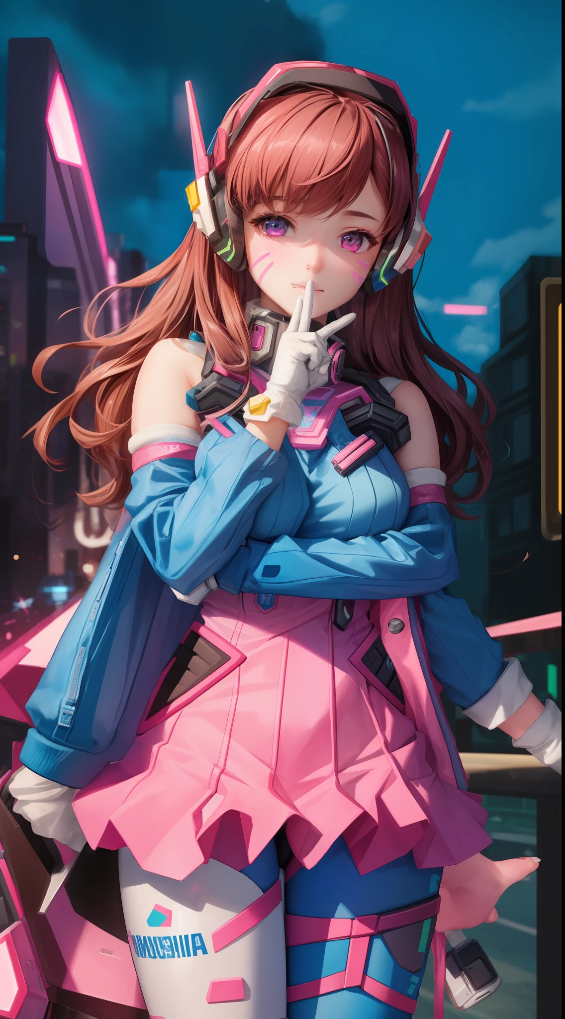 Masterpiece, Best Quality, High Resolution, 1Girl, Ultra High Resolution, Solo, Mech Pilot, D.VA, Headphones, Pink Eyes, Blue Tights, Brown Hair, White Gloves, Face Decoration