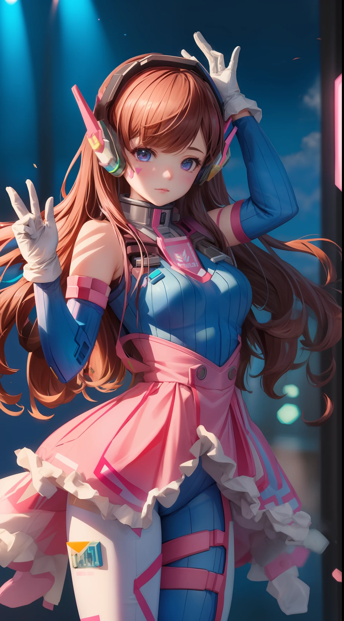 Masterpiece, Best Quality, High Resolution, 1Girl, Ultra High Resolution, Solo, Mech Pilot, D.VA, Headphones, Pink Eyes, Blue Tights, Brown Hair, White Gloves, Face Decoration