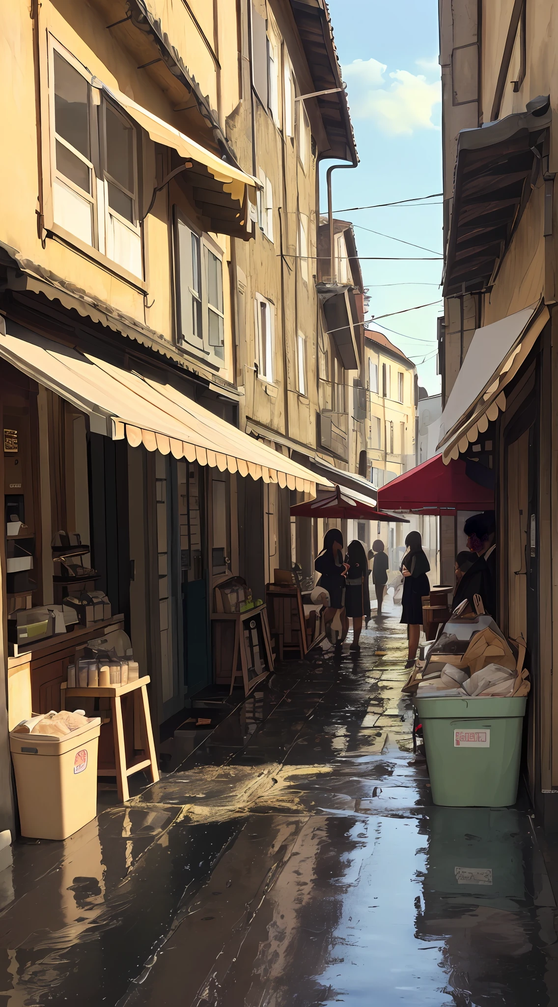 (masterpiece, best quality), Photo if a cafe ,wet Street,sunny day ,small  shops,busy street on a 
 girls are standing , trash been,village,nostalgia, ultra quality, hyper detailed