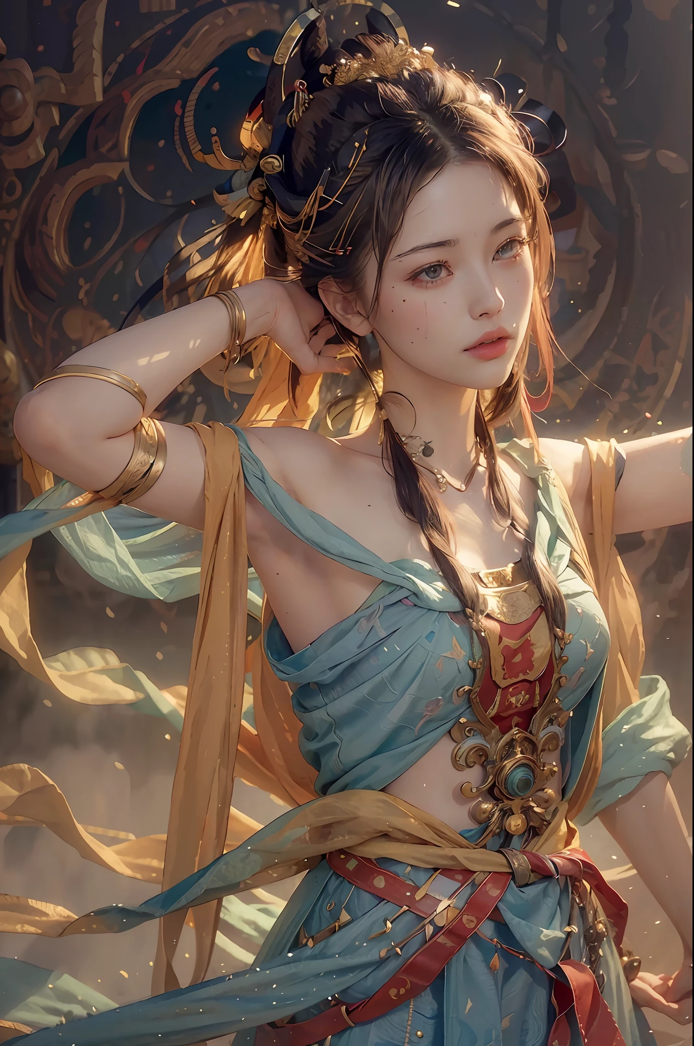 (RAW photo, best quality), (realistic, photo-realistic:1.3),best quality,highly detailed,masterpiece,ultra-detailed,illustration,1girl,upper_body,dynamic angle,world masterpiece theater,messy_long_hair,best quality,extremely detailed CG unity 8k wallpaper,ink,Amazing,cinematic lighting,lens_flare,,dunhuang_style
