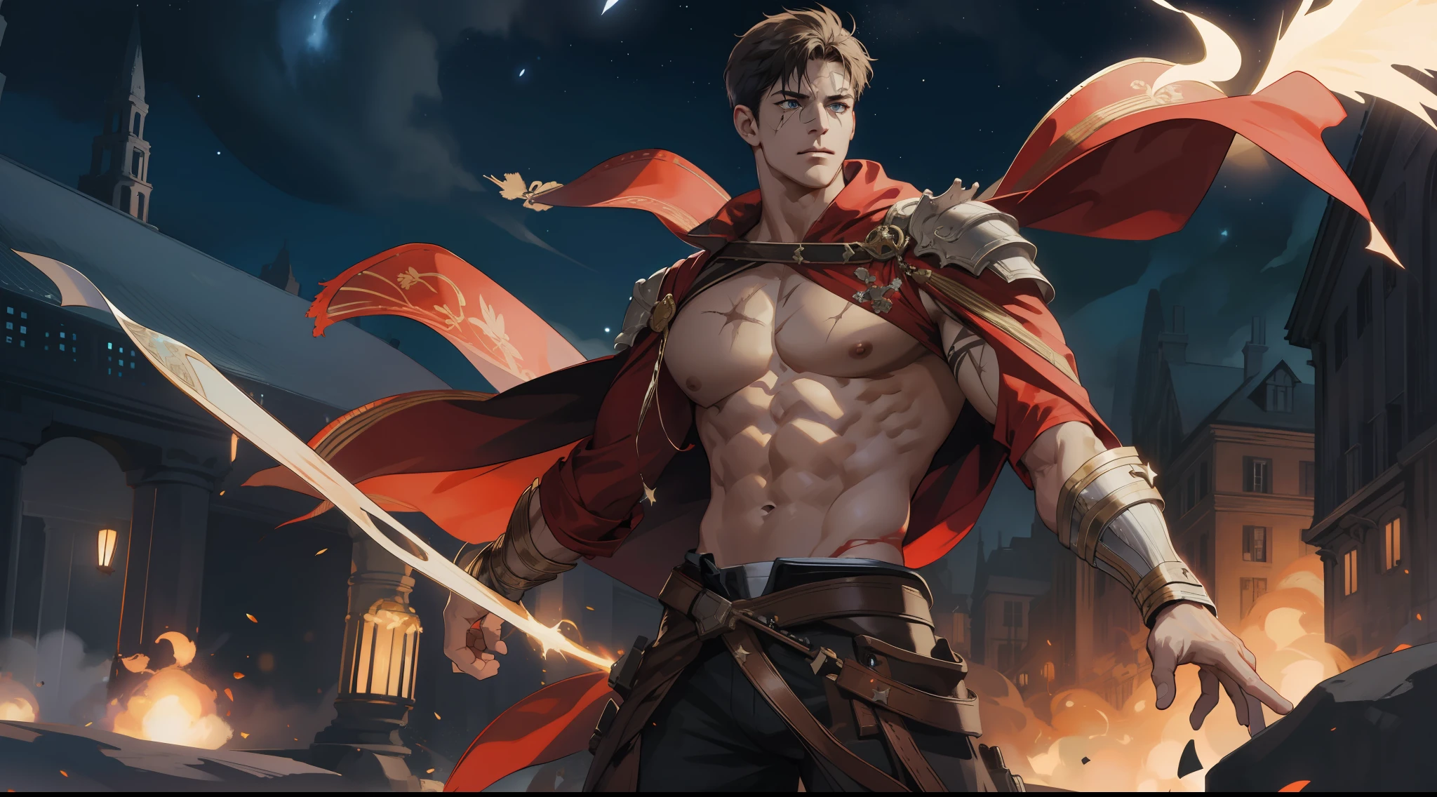 (Ridiculous, High resolution, Ultra detailed), 1 male, mature, masculine, tall muscles, handsome, fine eyes, intricate details, portrait, (bloody scar: 0.7), looking at the audience, solo, (full body: 0.6), detailed background, close-up, firm expression, dynamic pose, evil miracle costume, pillar of light, stars, buildings, floating particles, battle scene, atmospheric majesty, gameplay, system missions