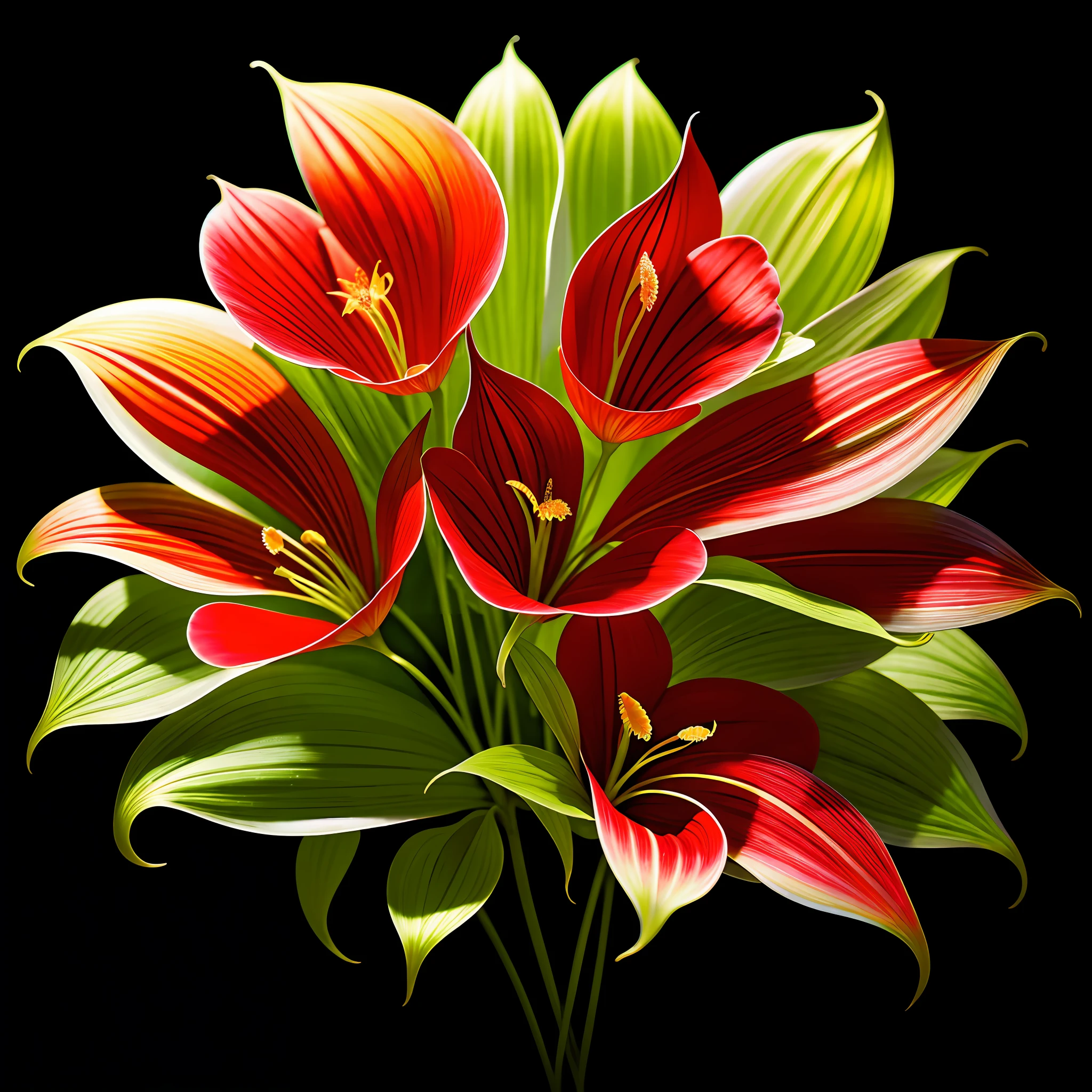 bouquet of delicate flowers Red anthurium, super transparent, holy light, beautiful spectral light, petals glow, flashing, dark background, transparent light drops, reflective light, bright, light flowing in, optics, portrait profile, sharp focus, magical, intricate, ultra realistic, fantasy, composition, light, trend in artstation, pearl, silver vapor patronus cloud, family of corrosive enveloping rays, 8k, ureal air 23v4 uplight