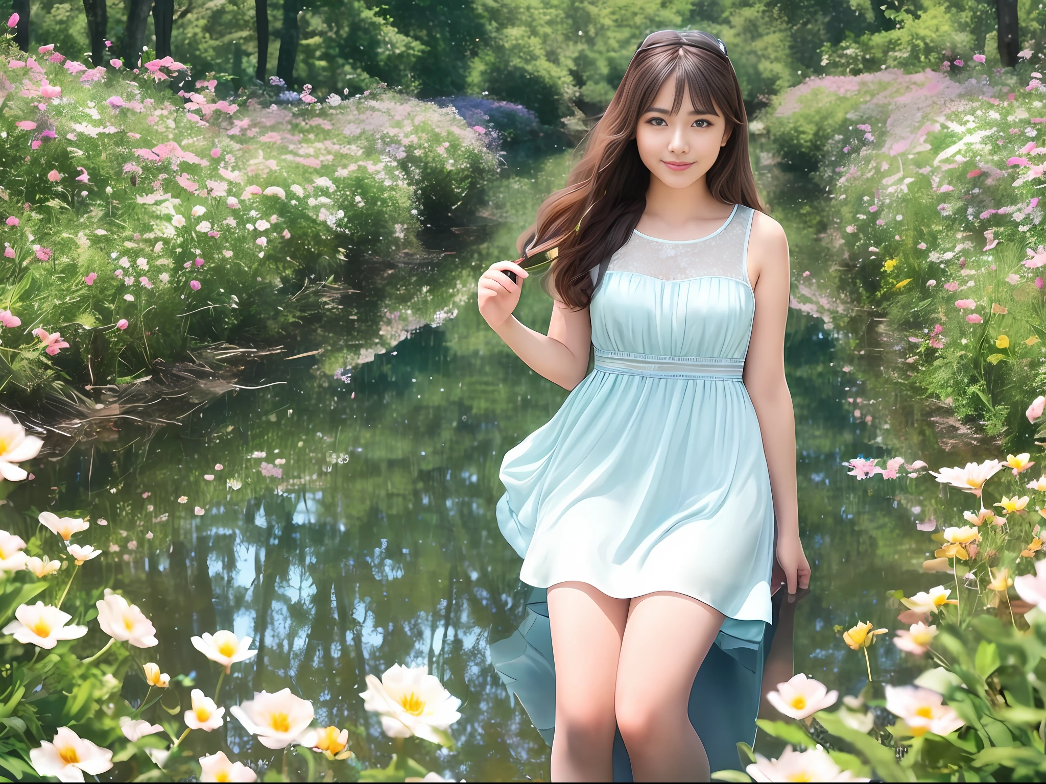 Ray-traced high-quality 8K photography art, close-up of instantly reflected eyes and long eyelashes, showing a mysterious halo smile (full smile mysterious: 1.2), delicate skin texture, ultra-high detail restoration (super detail), large-angle natural scenes bring towering trees, blooming petals, colorful butterflies, gentle and charming effects attract attention, wild long-haired girl, (solo: 1.4), (full body: 1.3), (white stockings: 1.2), The picture is rich in detail, the flower field, (Sunset Afterglow: 1.6), (Cyan Dress: 1.3)