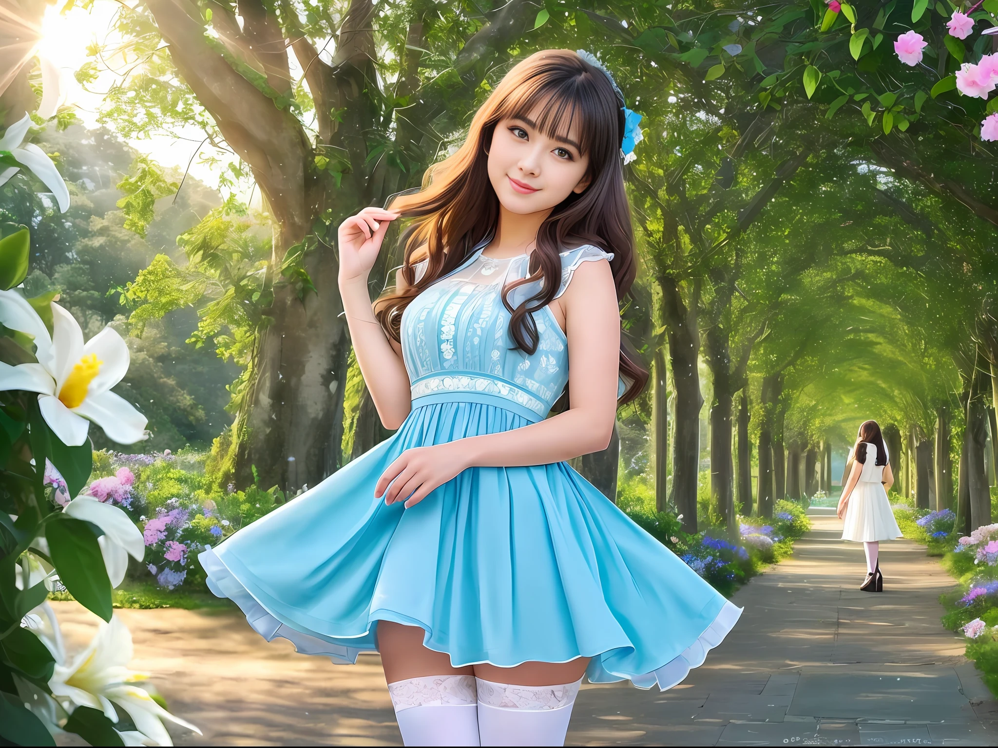 Ray-traced high-quality 8K photography art, close-up of instantly reflected eyes and long eyelashes, showing a mysterious halo smile (full smile mysterious: 1.2), delicate skin texture, ultra-high detail restoration (super detail), large-angle natural scenes bring towering trees, blooming petals, colorful butterflies, gentle and charming effects attract attention, wild long-haired girl, (solo: 1.4), (full body: 1.3), (white stockings: 1.2), The picture is rich in detail, the flower field, (Sunset Afterglow: 1.6), (Cyan Dress: 1.3)
