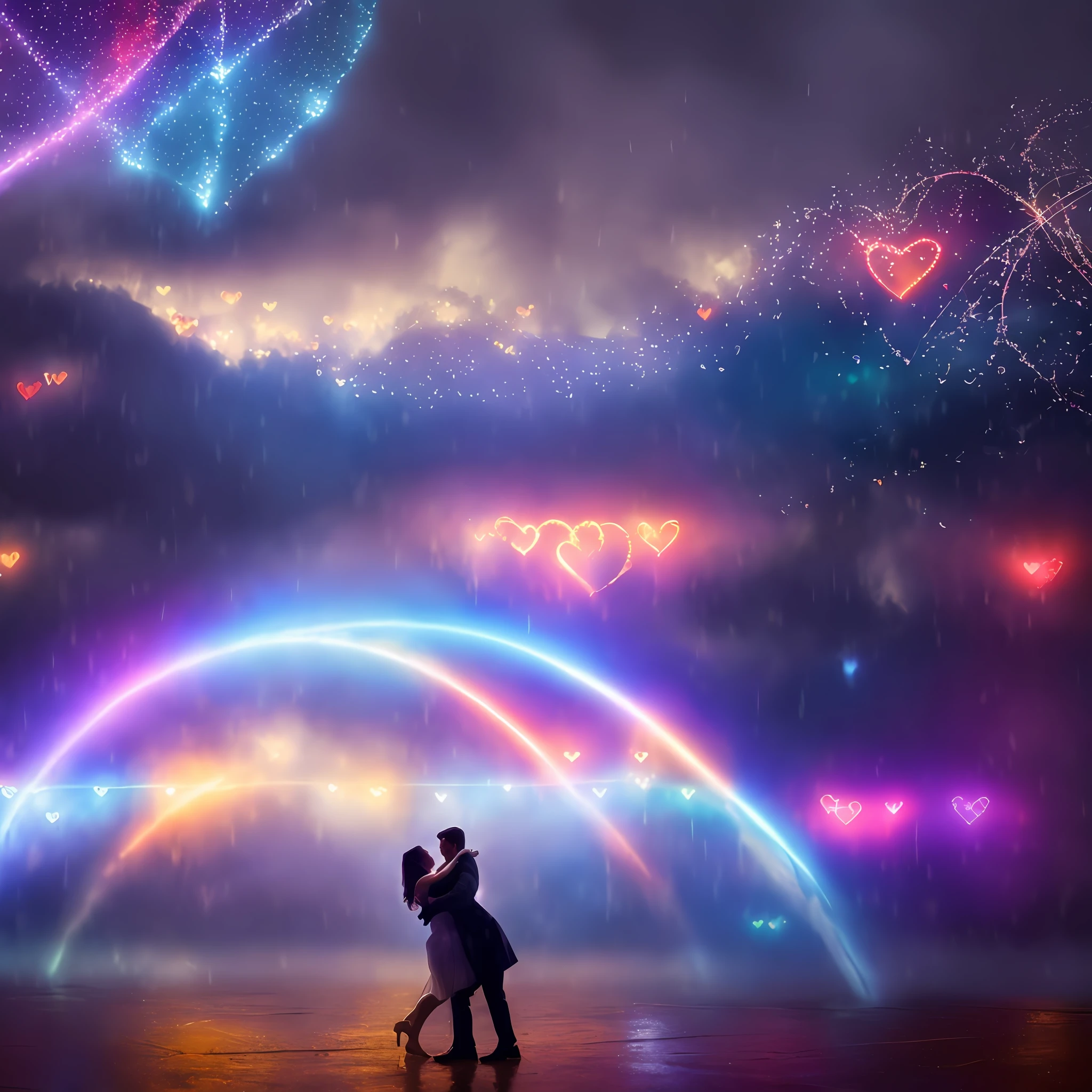 Best quality, maximum resolution, super DPI, 8K. A couple dancing in the rain as hearts fall from the sky.