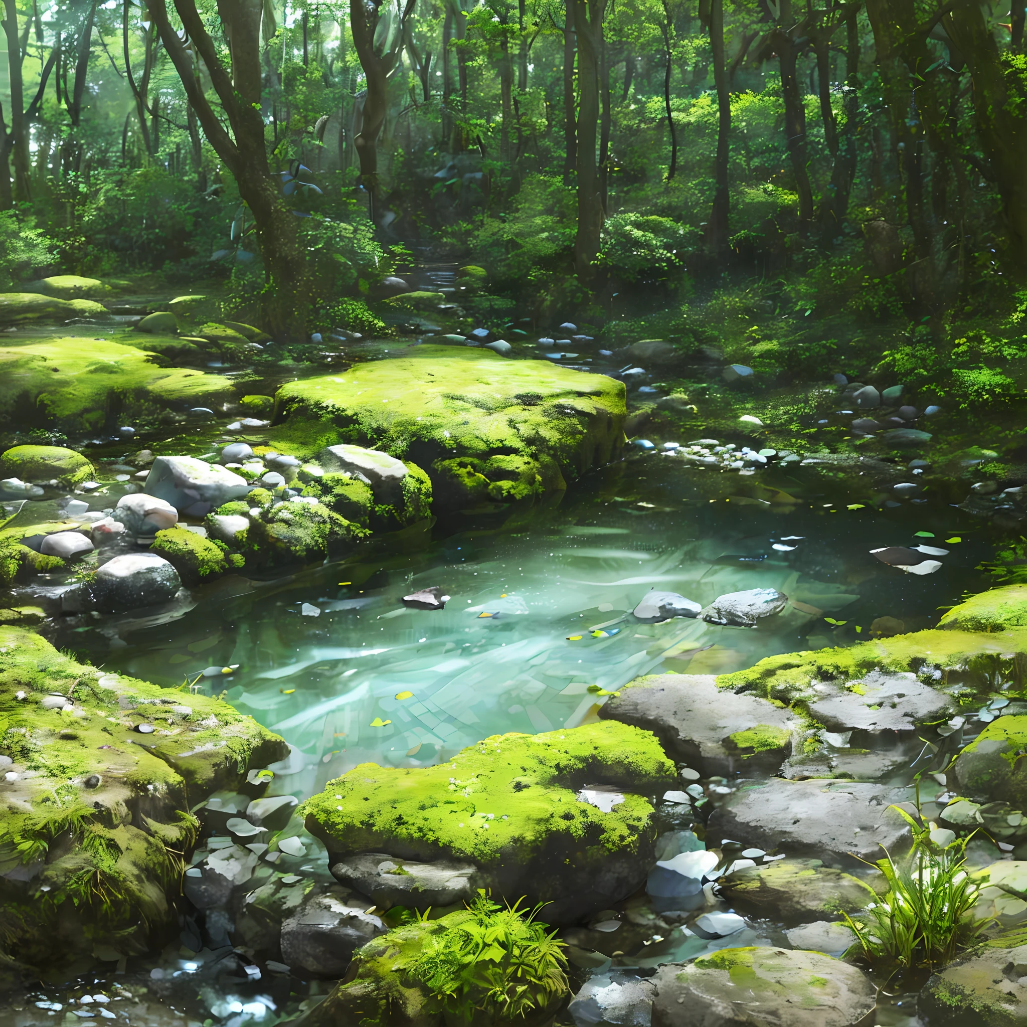 (Best quality)), (no photos of people), in the forest, frogs, pebbles quiet ponds, small wildflowers, streams, stones in the background like aquarium, moss, clarity, softness, calm ipês
