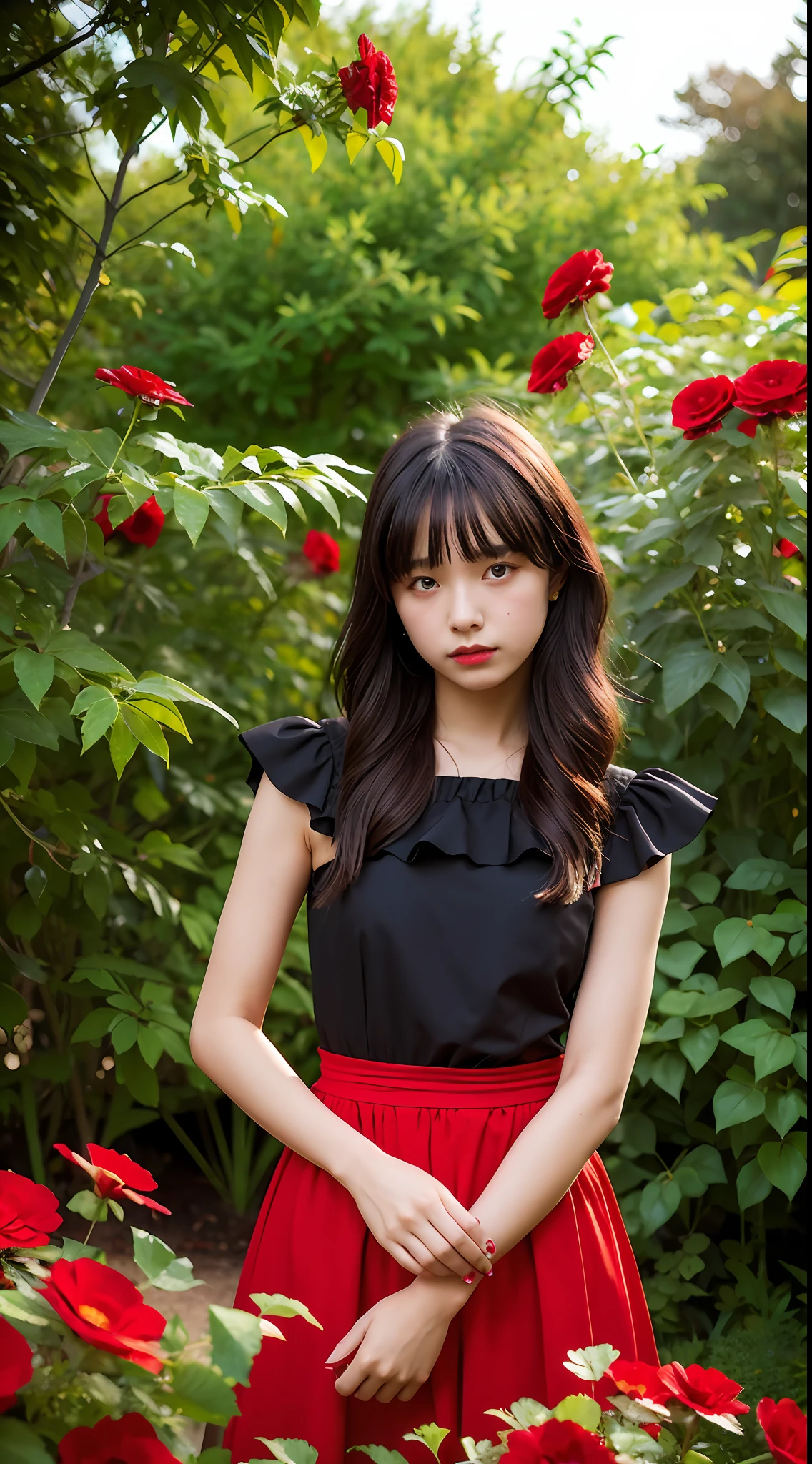 Dark theme, (best quality, masterpiece: 1.2), 18 year old girl in the garden, black bandeau dress, (red flowers mess in the background: 1.3)