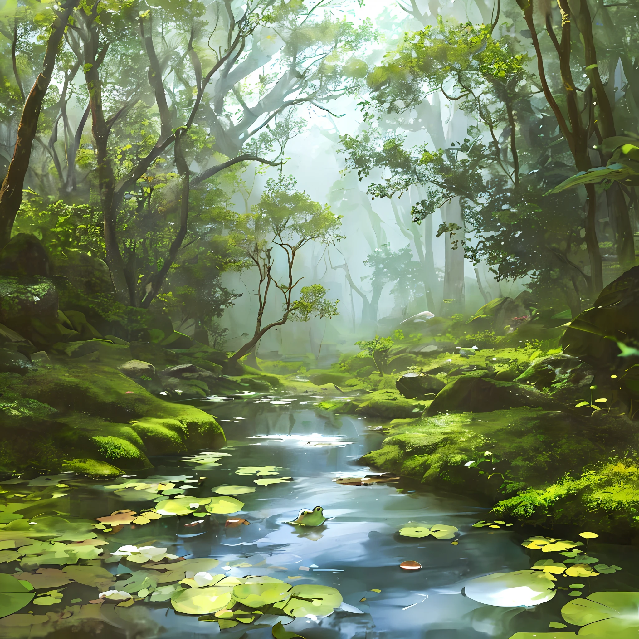 (Best quality)), (no photos of people), in the forest, frogs, pebbles quiet ponds, small wildflowers, streams, stones in the background like aquarium, moss, clarity, softness, calm ipês