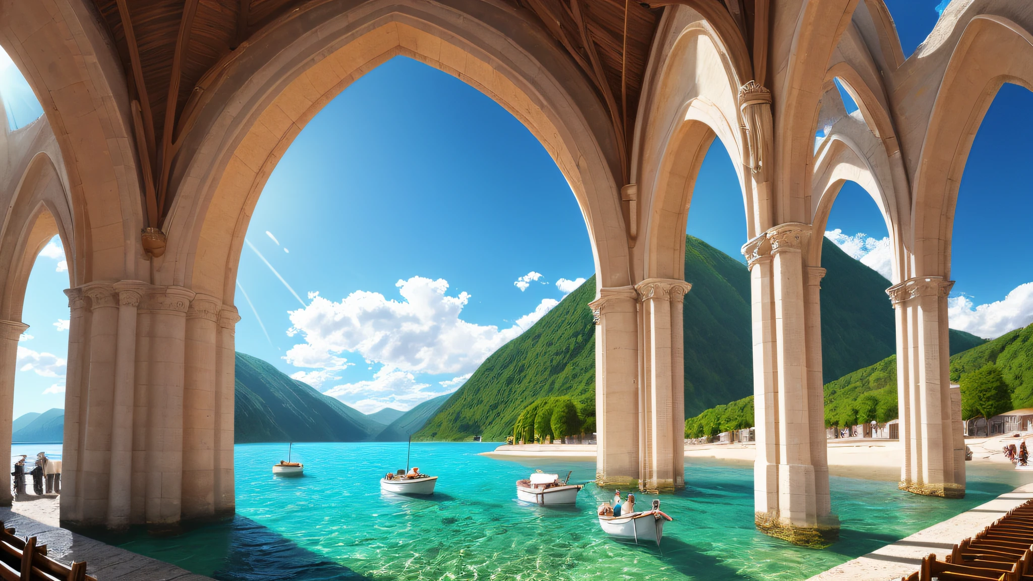a lot of people are coming to a beautiful church in an amazing summer landscape,clear sky,water, depth of field, FOV, Epic movie poster, professional photo,  professional digital art, professional lighting, dramatic lighting, high resolution, 8k, ultra high definition, HDRI