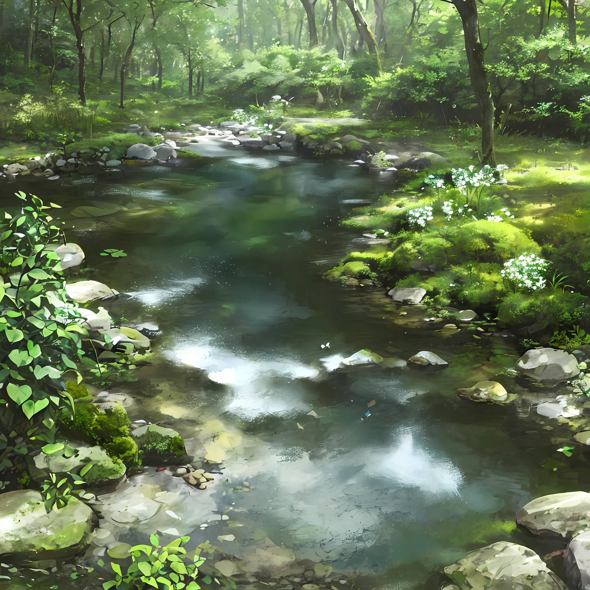 (Best quality)), (no photos of people), in the forest, frogs, pebbles quiet ponds, small wildflowers, streams, stones in the background like aquarium, moss, clarity, softness, calm ipês