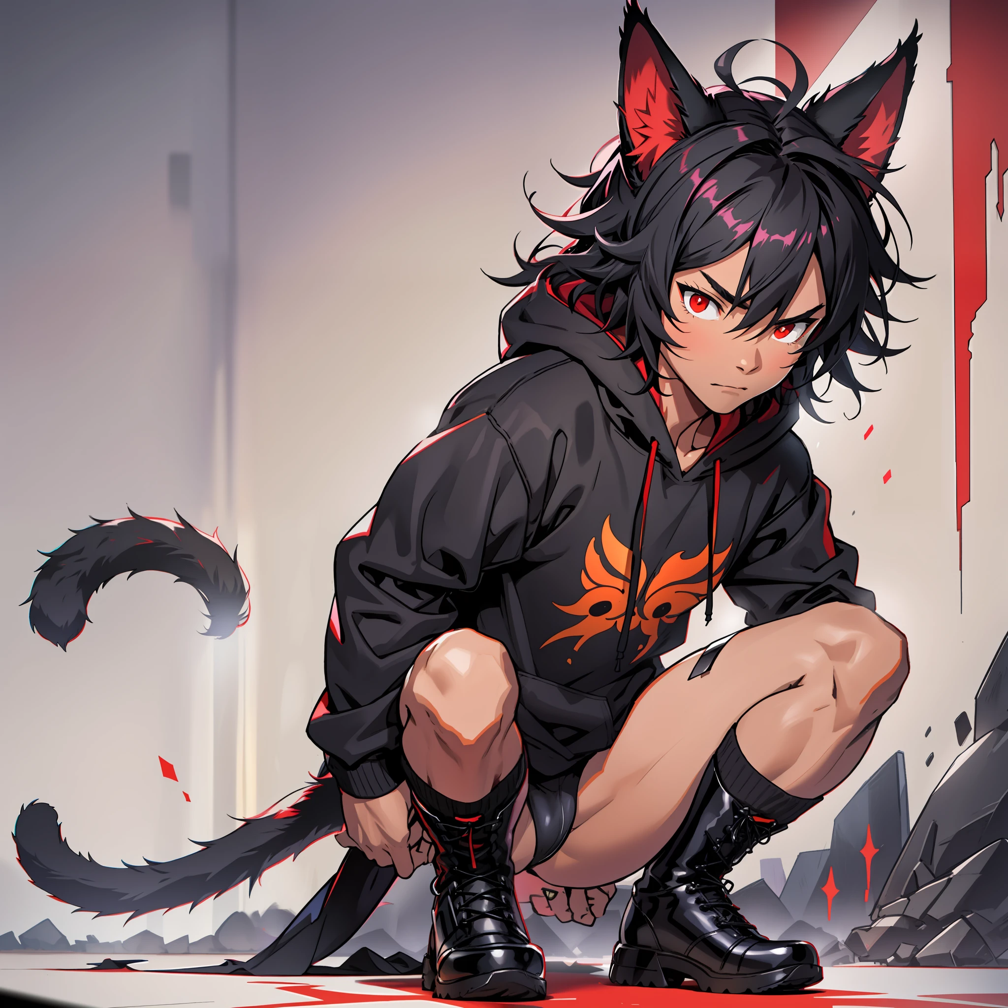 one boy, toned, flexing, sharp big cat ears, cat tail, big black messy hair, extremely vibrant red eyes, masterpiece, vibrant, micro thong , slim dark black hoodie, full body view, neutral face, black thigh socks, combat boots.