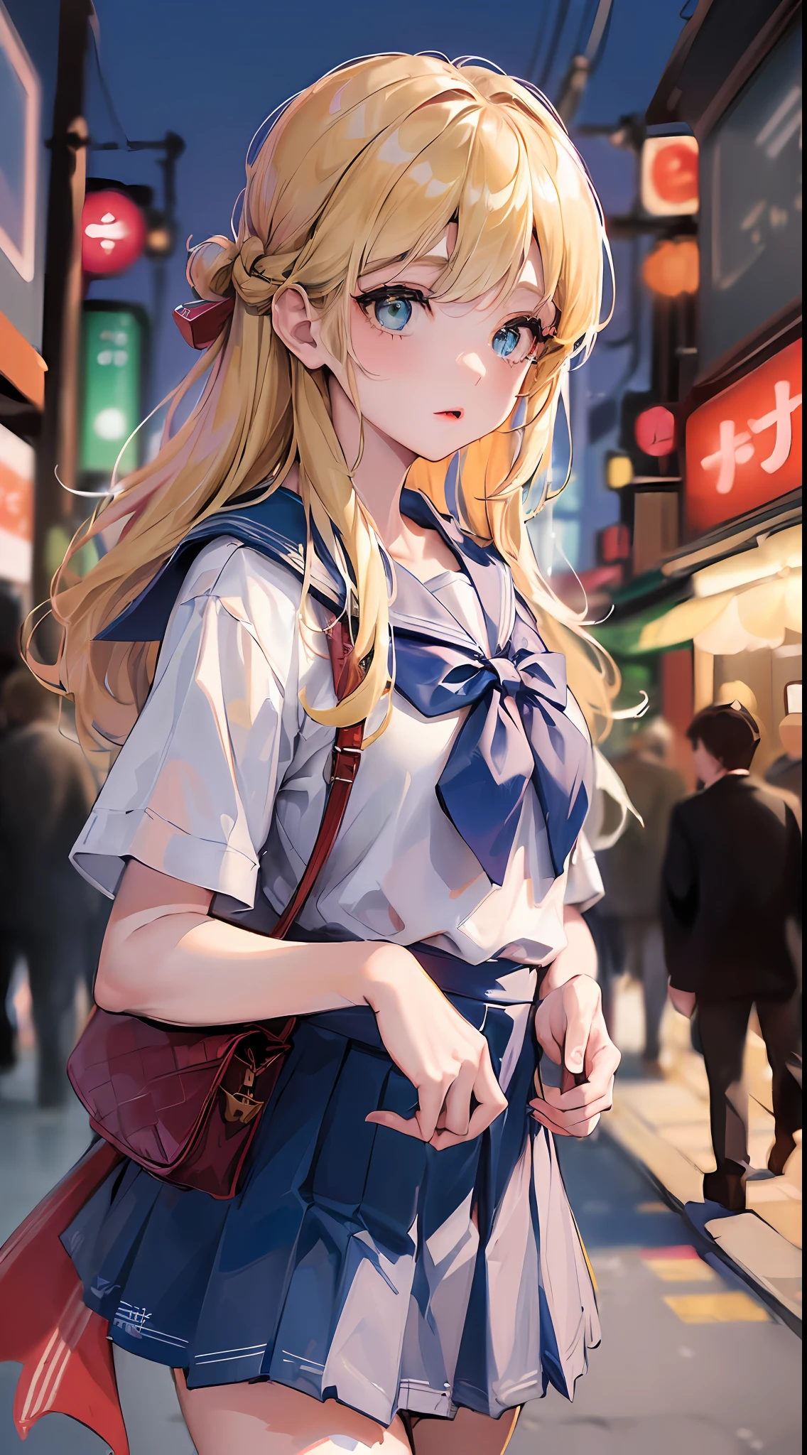 (((masterpiece: 1.5, best quality, high resolution: 1.3, super resolution, super detailed, ultra detailed:1.3, rich background:1.2))), 1girl, solo, green eyes, blonde long hair tied with blue ribbon, blunt bangs, cute hairpin, school uniform, white serafuku, red sailor collar, short sleeves, blue pleated skirt, (outdoor), ((downtown)), (crowd), ((japan vibes: 1.3)), scenery, ((nighttime)), dark, (lowlight: 1.1), moon, (moonlight: 1.2), ((dynamic light: 1.4))