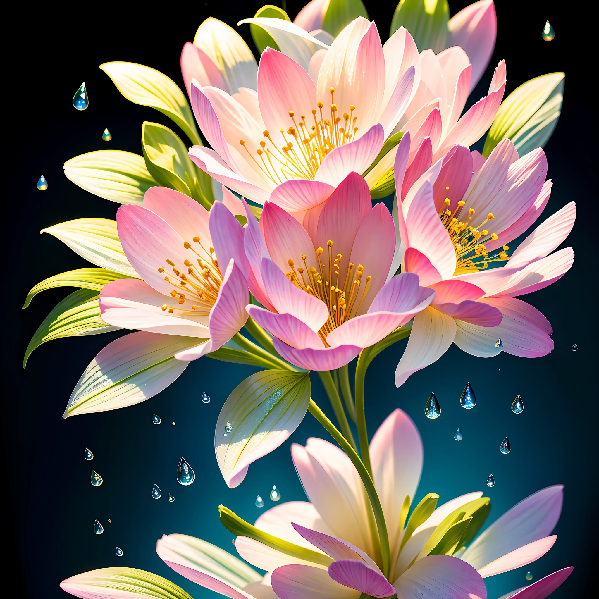 bouquet of delicate flowers Gypsophila (mosquito), super transparent pink and orange color, holy light, beautiful spectral light, petals glow, flashing, dark background, transparent light drops, reflective light, bright, light flowing in, optics, portrait profile, sharp focus, magical, intricate, ultra realistic, fantasy, composition, light, trend in artstation, pearl, silver vapor patronus cloud, family of corrosive enveloping rays,  8k, ureal air 23v4 uplight