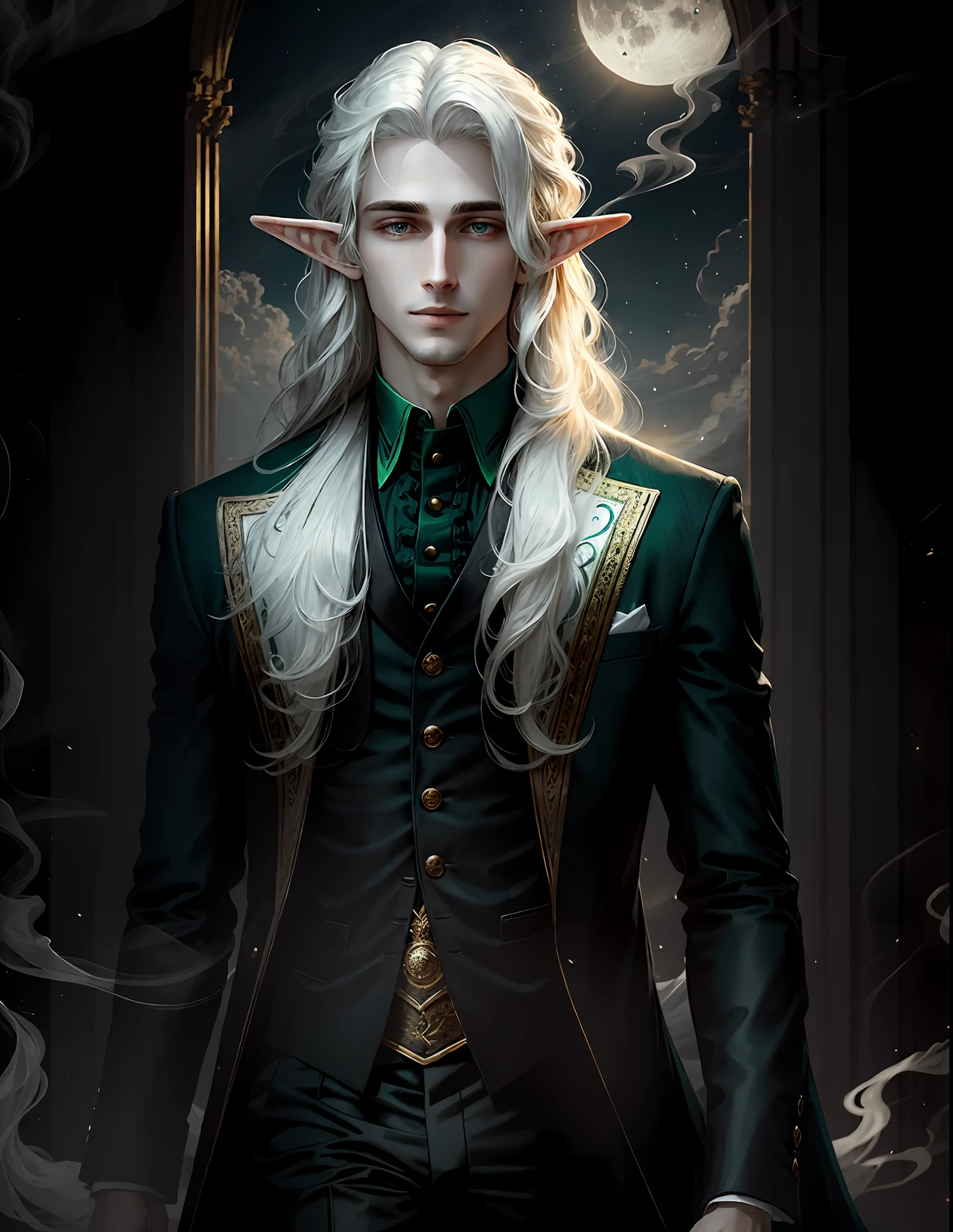 masterpiece, highest quality, (focus solo), (perfect face: 1.1), (high detail: 1.1), dramatic, 1guy, (pale skin), long voluminous white hair, green eyes, solo, long hair, moon, night, white luxury suit, navel covered, smiling lips, (elf), palace, detailed background, Zeilyan art, gothic revival, film lighting, with black smoke around