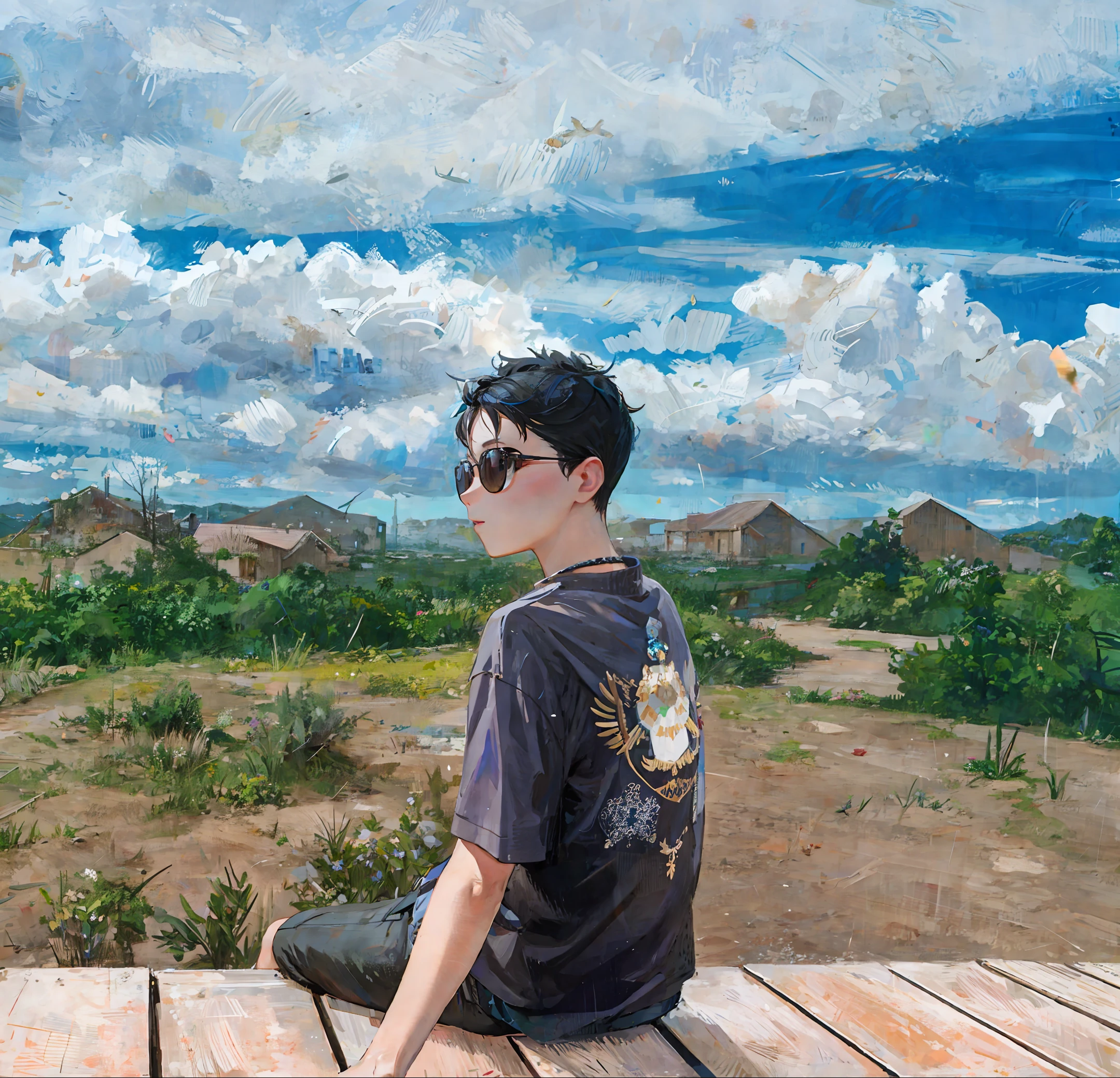 "A little cute dog at the sky with beautiful birds,in the style of realistic art,blue sky,impressionist-landscape,past time,very beautiful,mysterious sky
