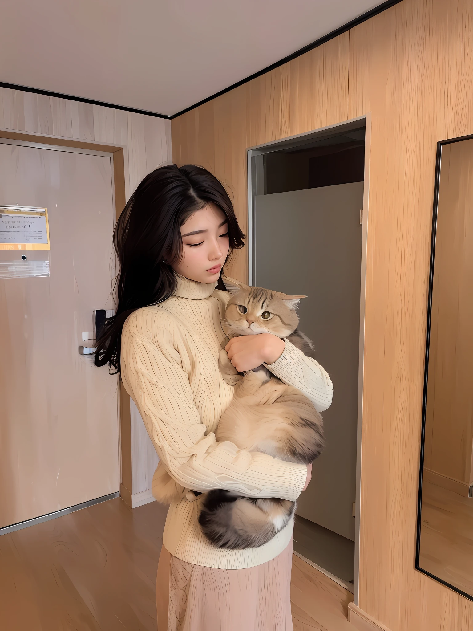 araffe woman holding a cat in her arms in a room, she is holding a cat in her arms, big cheeks holding her cat, holding a cat, with small cat on lap, there is a cat next to her, ulzzang, with cats on her side, bae suzy, very beautiful cute catgirl, wholesome, sakimichan