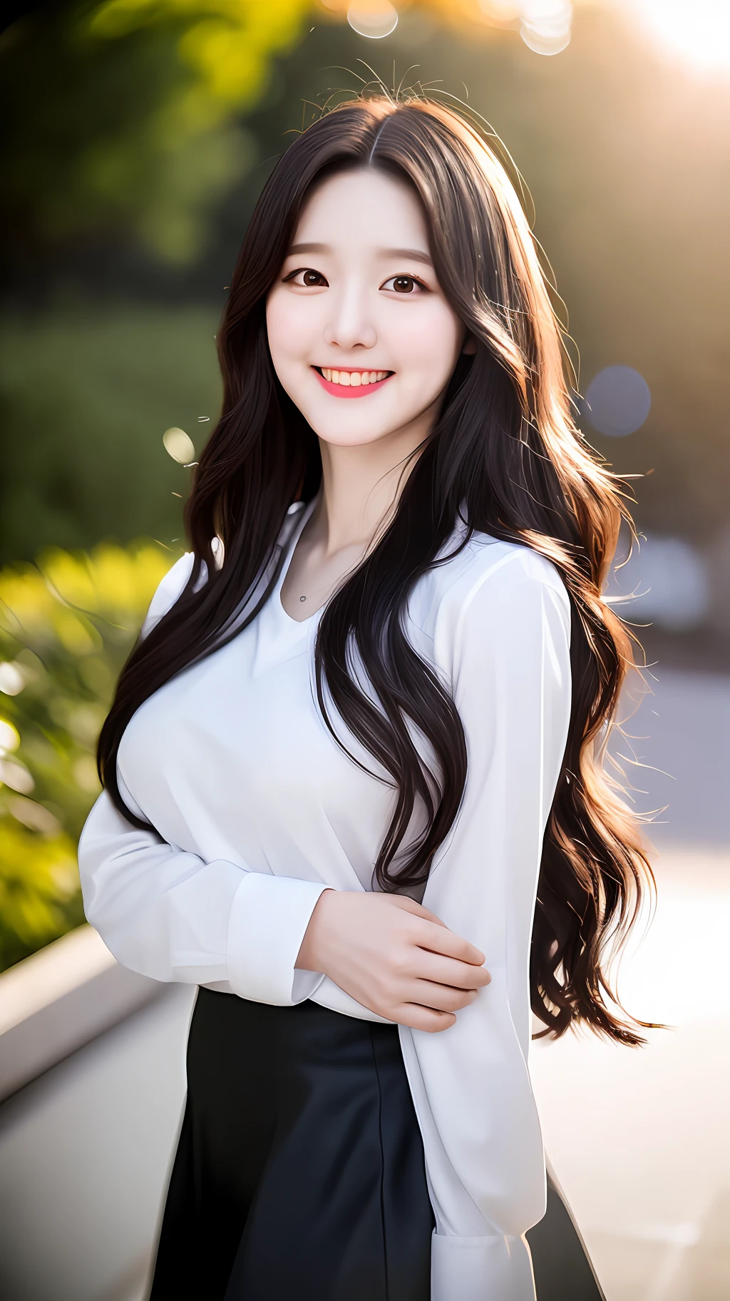 realiatic photos of cute Korean star female, absurdly long hair, thin makeup, medium breasts size, slightly smile, in white shirt, and black skirt clear facial features, 16k, bokeh, lens flare, drop shadow, dithering