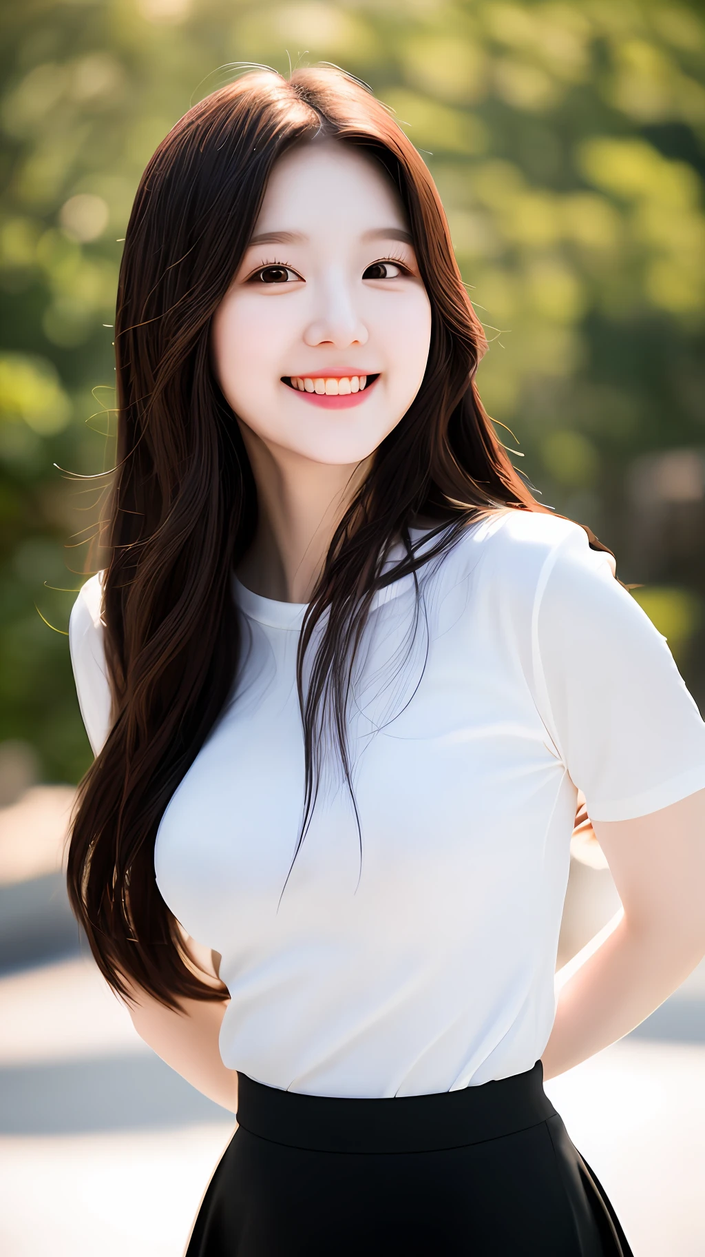 realiatic photos of cute Korean star female, absurdly long hair, thin makeup, medium breasts size, slightly smile, in white shirt, and black skirt clear facial features, 16k, bokeh, lens flare, drop shadow, dithering