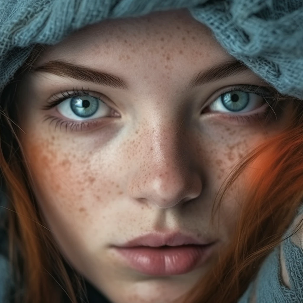 extremely Close-up portrait of pretty stone girl, blue eyes, professional photography