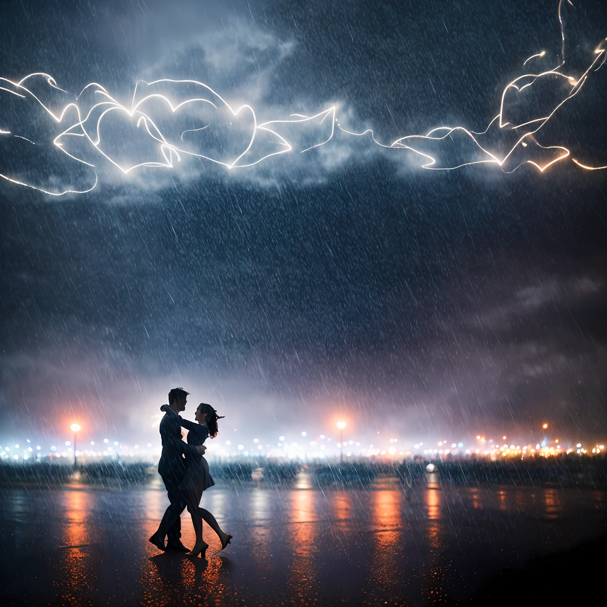 Best quality, maximum resolution, super DPI, 8K. A couple dancing in the rain as hearts fall from the sky.