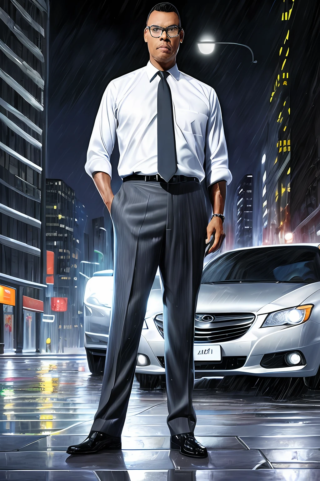 GuttonerdVision3, drawing of a man in glasses and social attire with a tie, posing next to his silver gray sedan car. Street with wet floor, night, illuminated buildings, hyperrealistic background, background blur. By Alex Ross, detailed, 8k