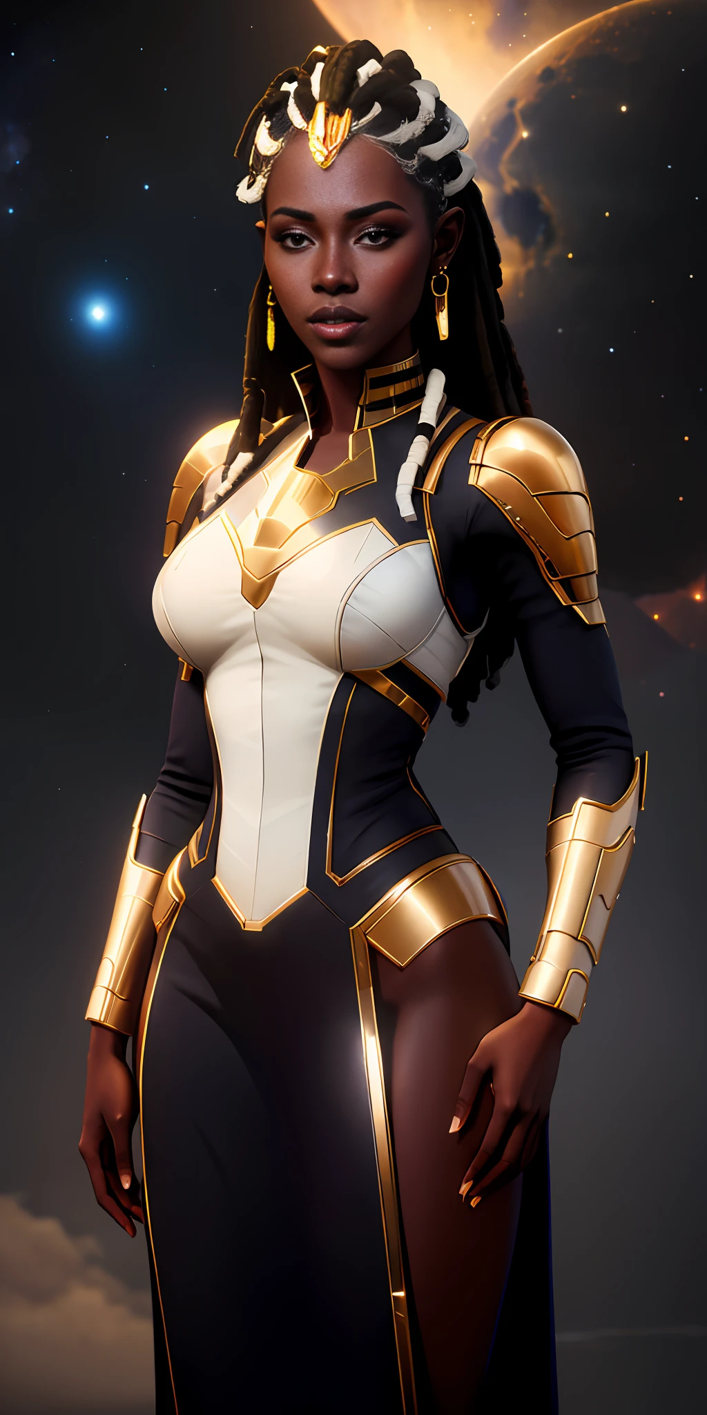 ((realistic image of a beautiful African-American woman, dark skin color)), beautiful smile, ((looking at the night sky, standing natural pose, in front of the Millennium Falcon)), wearing mandallor armor, long mega hair hair, dreadlocks, ((kanekalon)), camera view against plongée, golden ratio, dark background lighting, close-up, detailed facial details, perfect face, sharpness, trend art,  Sharp facial details, ultra high quality, line art, high fantasy, exquisite, 4k, soft lighting 8k, dreamy --iso 100