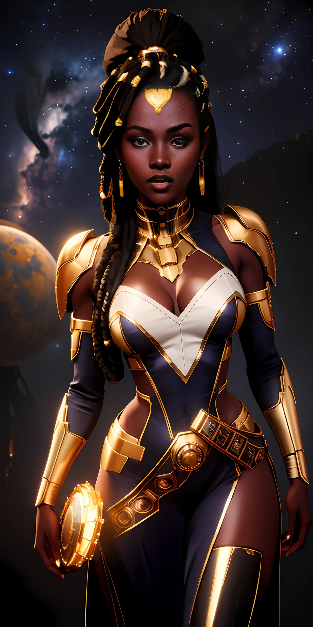 ((realistic image of a beautiful African-American woman, dark skin color)), beautiful smile, ((looking at the night sky, standing natural pose, in front of the Millennium Falcon)), wearing mandallor armor, long mega hair hair, dreadlocks, ((kanekalon)), camera view against plongée, golden ratio, dark background lighting, close-up, detailed facial details, perfect face, sharpness, trend art, Sharp facial details, ultra high quality, line art, high fantasy, exquisite, 4k, soft lighting 8k, dreamy --iso 100