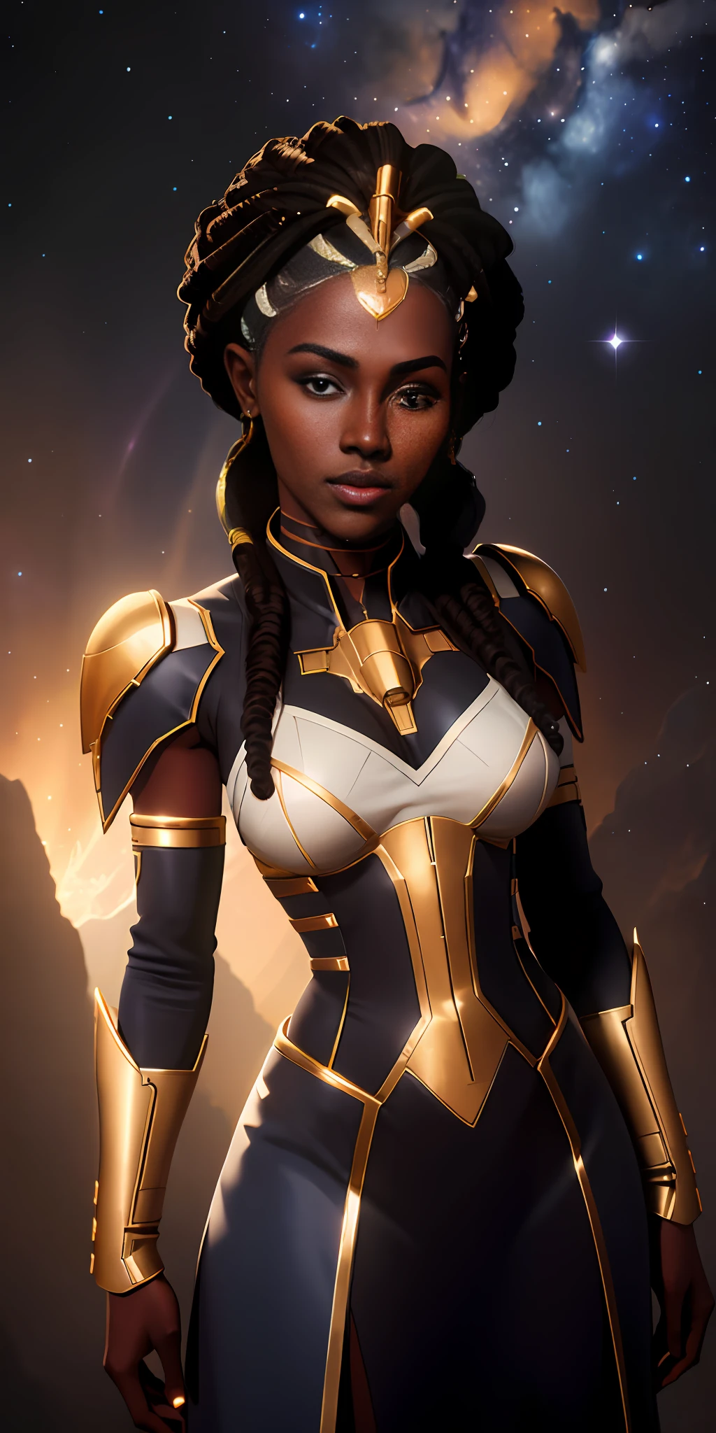 ((realistic image of a beautiful African-American woman, dark skin color)), beautiful smile, ((looking at the night sky, standing natural pose, in front of the Millennium Falcon)), wearing mandallor armor, long mega hair hair, dreadlocks, ((kanekalon)), camera view against plongée, golden ratio, dark background lighting, close-up, detailed facial details, perfect face, sharpness, trend art,  Sharp facial details, ultra high quality, line art, high fantasy, exquisite, 4k, soft lighting 8k, dreamy --iso 100