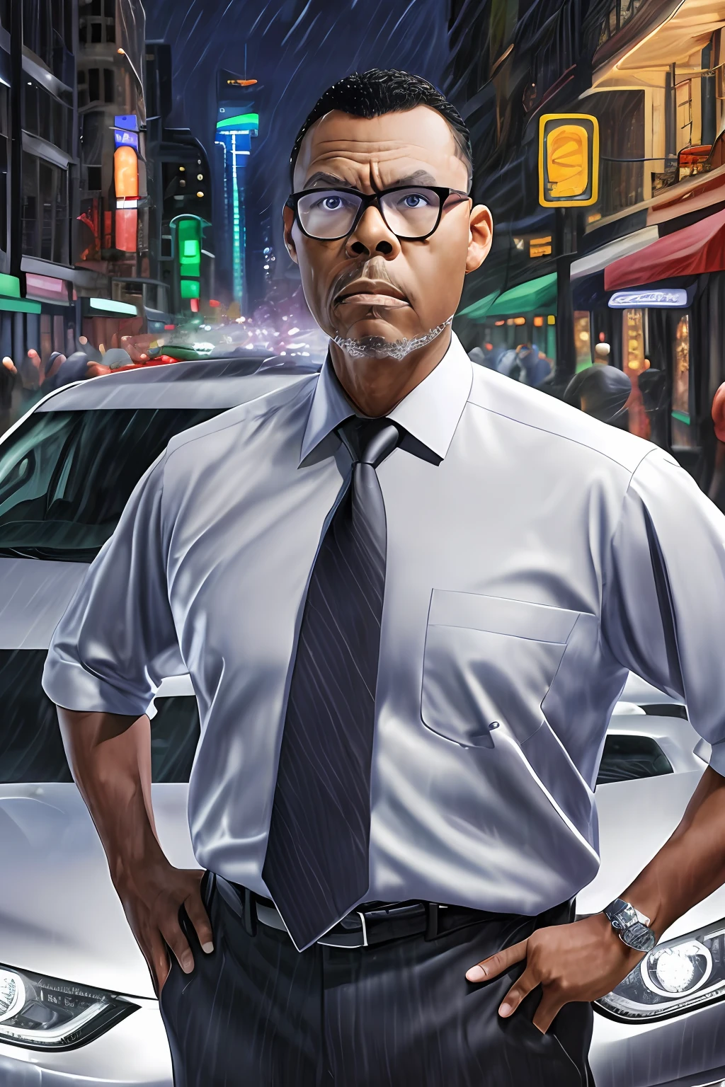 GuttonerdVision3, drawing of a man in glasses and social attire with a tie, posing next to his silver gray sedan car. Street with wet floor, night, illuminated buildings, hyperrealistic background, background blur. By Alex Ross, detailed, 8k