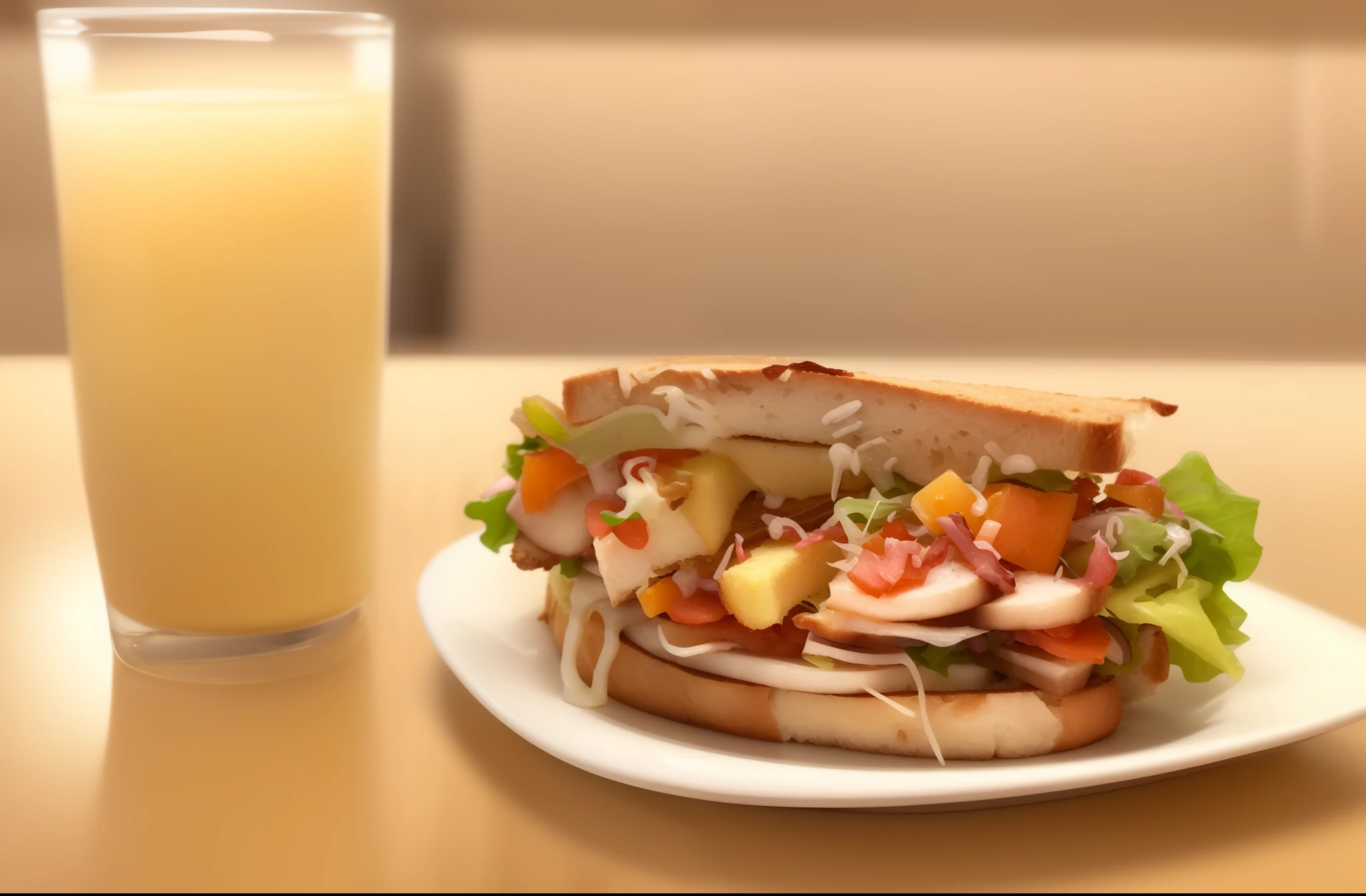 there is a sandwich on a plate with a glass of orange juice, sandwich, healthy, instagram post, brown bread with sliced salo, ad image, chicken sandwich, by Dan Luvisi, food commercial 4 k, ❤🔥🍄🌪, sandwich with fried tofu, by Aleksander Gierymski, by Carey Morris, profile pic