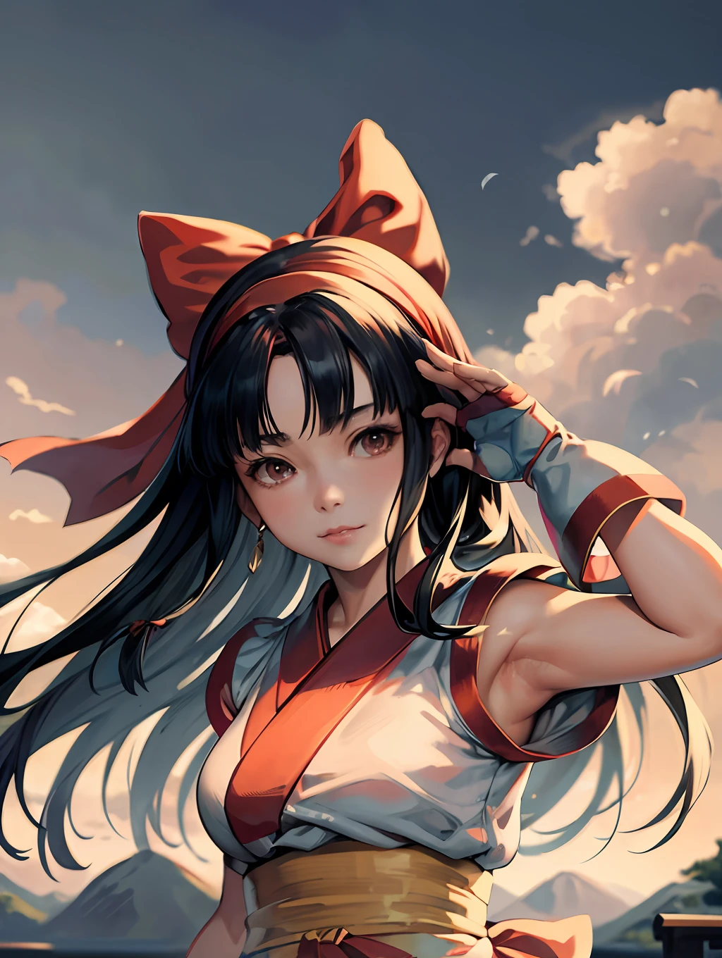 masterpiece, best quality,1girl, red bow, bow, long hair, hair bow, ainu clothes, solo, hairband, bird, black hair, fingerless gloves, short sleeves, gloves, sash, pants, bangs, red hairband, weapon, breasts, brown eyes, white pants, japanese clothes, nakoruru, light smile, officials art, good composition, official pose, detailed portrait, portrait, bokeh, mountain background with cloud, pencil style, traditional brush, samurai, onmyoji style, high resolution, dramatic lighting and shadow, sun flared, blurry foreground