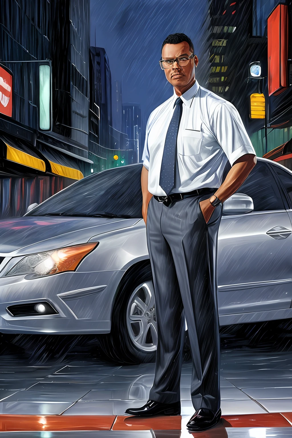 GuttonerdVision3, drawing of a man in glasses and social attire with a tie, posing next to his silver gray sedan car. Street with wet floor, night, illuminated buildings, hyperrealistic background, background blur. By Alex Ross, detailed, 8k