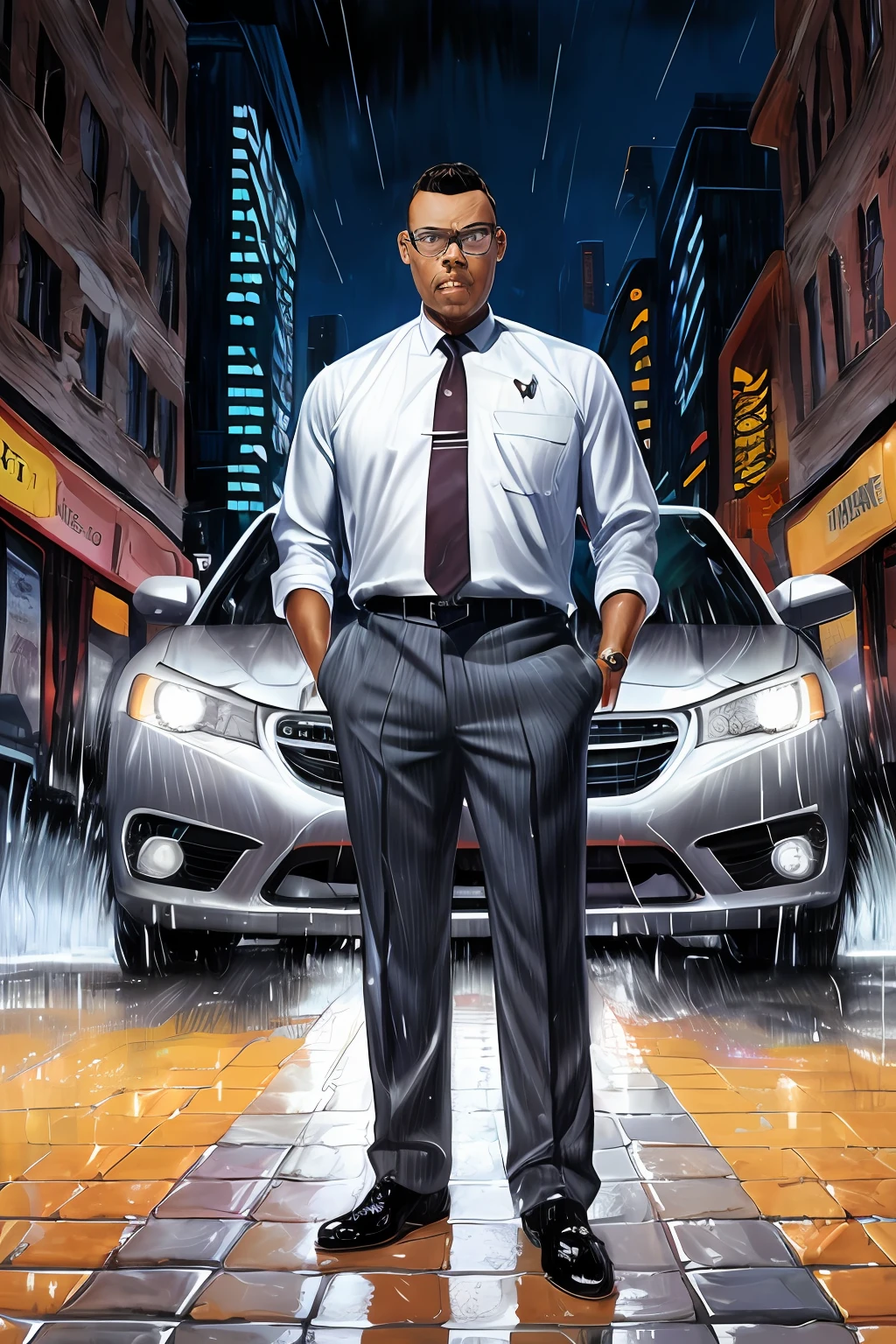 GuttonerdVision3, drawing of a man in glasses and social attire with a tie, posing next to his silver gray sedan car. Street with wet floor, night, illuminated buildings, hyperrealistic background, background blur. By Alex Ross, detailed, 8k