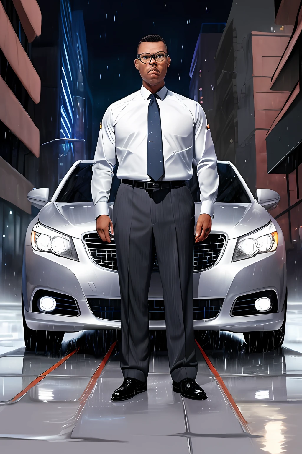 GuttonerdVision3, drawing of a man in glasses and social attire with a tie, posing next to his silver gray sedan car. Street with wet floor, night, illuminated buildings, hyperrealistic background, background blur. By Alex Ross, detailed, 8k