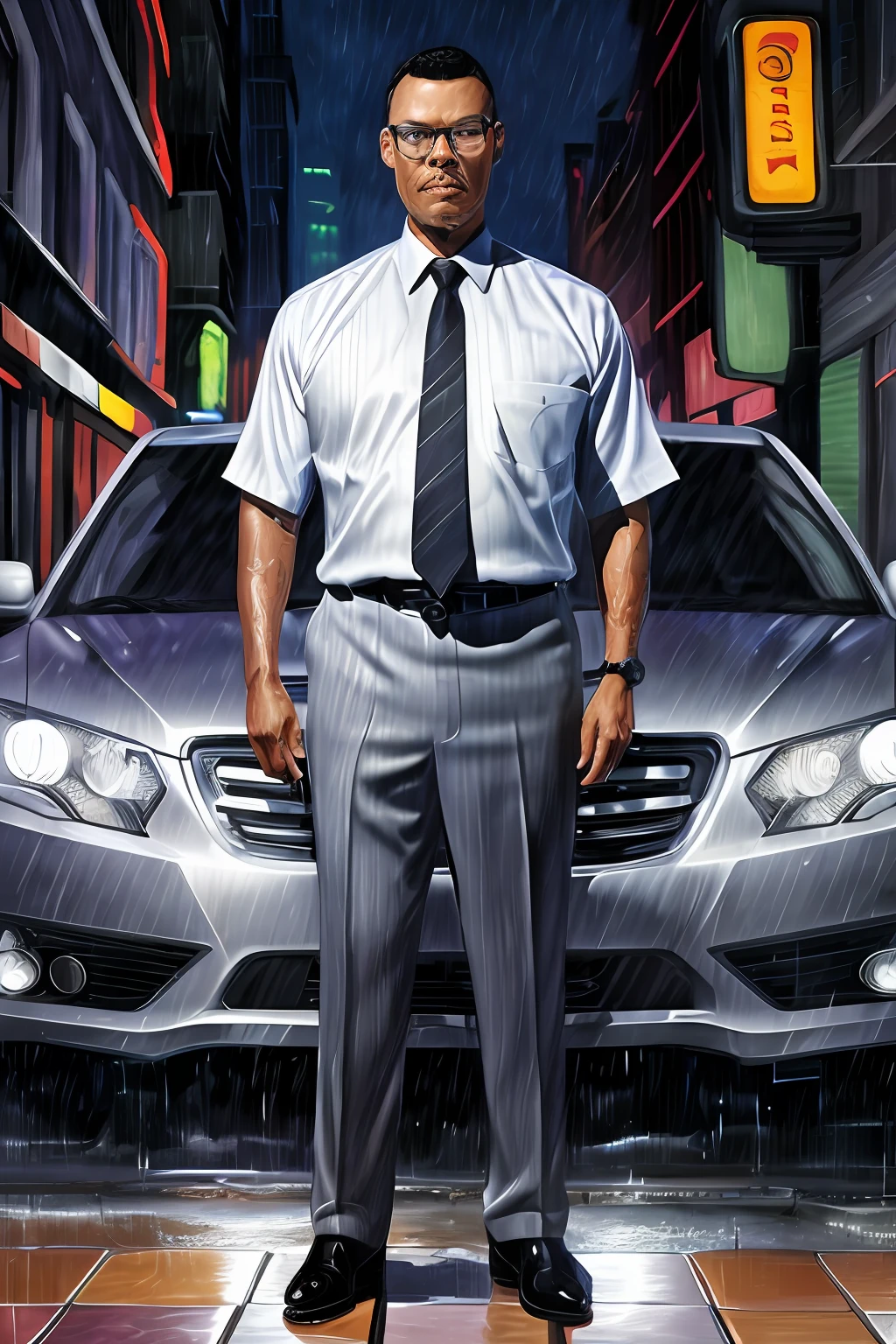 GuttonerdVision3, drawing of a man in glasses and social attire with a tie, posing next to his silver gray sedan car. Street with wet floor, night, illuminated buildings, hyperrealistic background, background blur. By Alex Ross, detailed, 8k