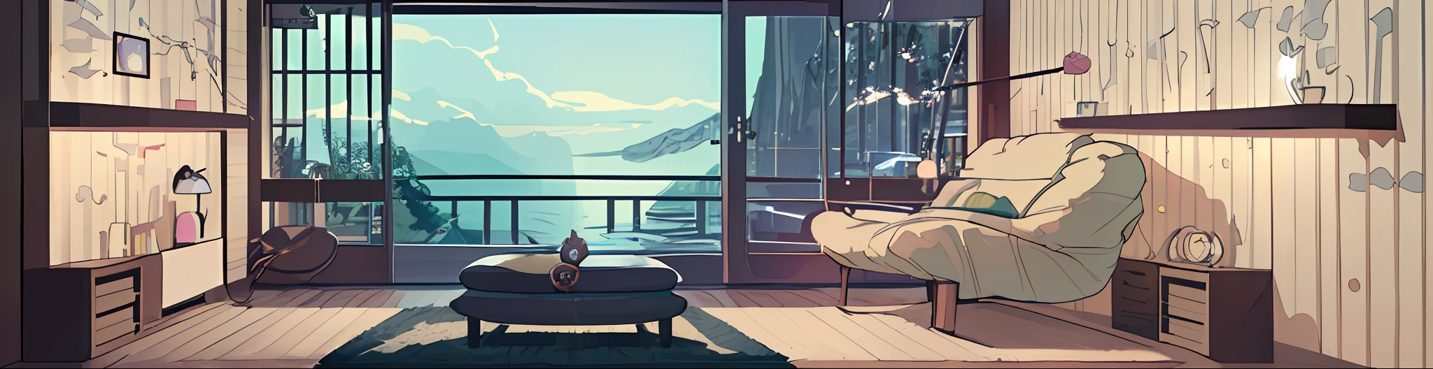 (extremely detailed CG unity 8k wallpaper, masterpiece, best quality, ultra-detailed), (calming and relaxing atmosphere), (cozy modern room), ((lofi-music-place), blissful, peaceful, serene ambiance.