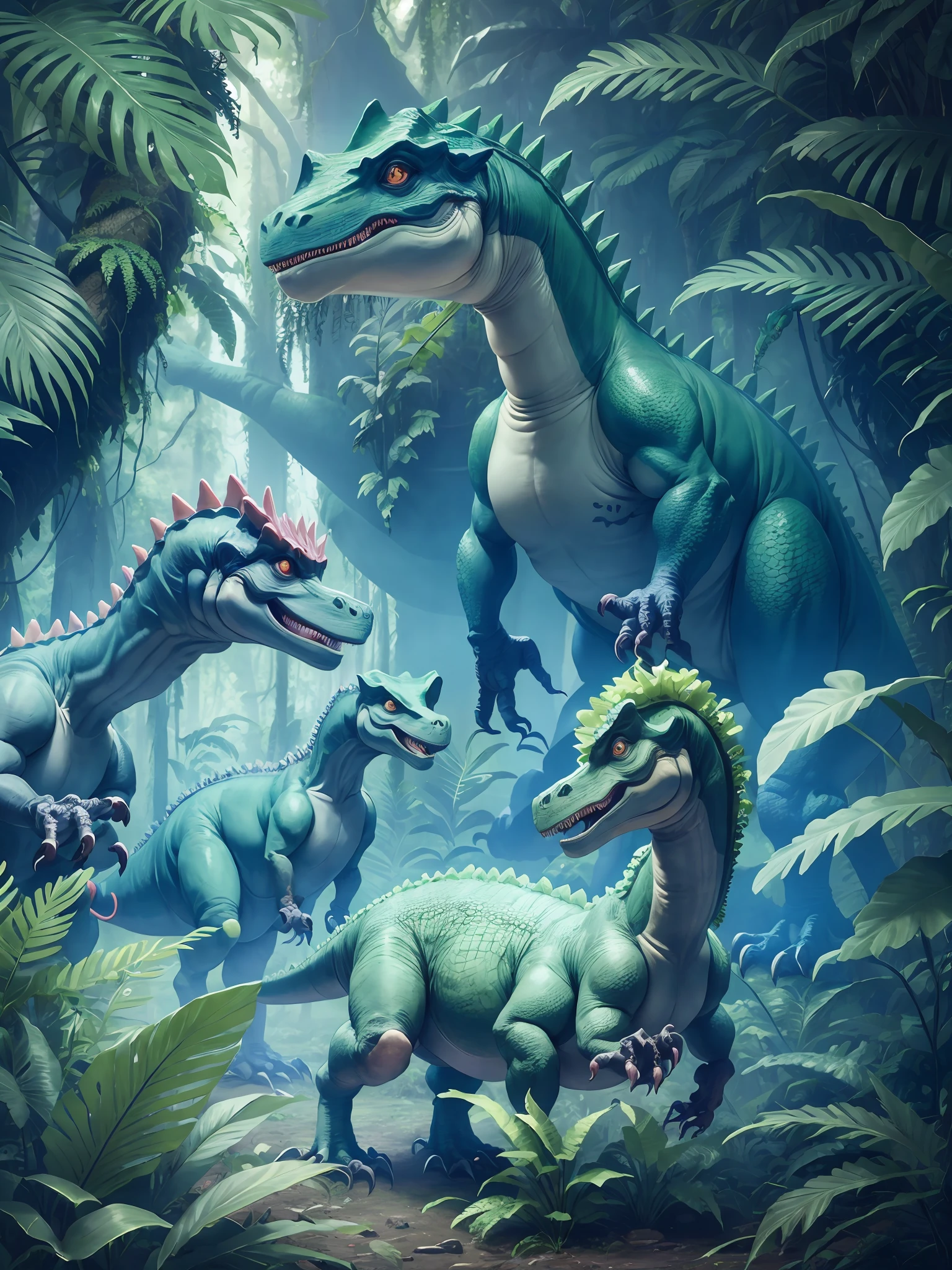 Dinosaurs, rainforest, kids, ferns