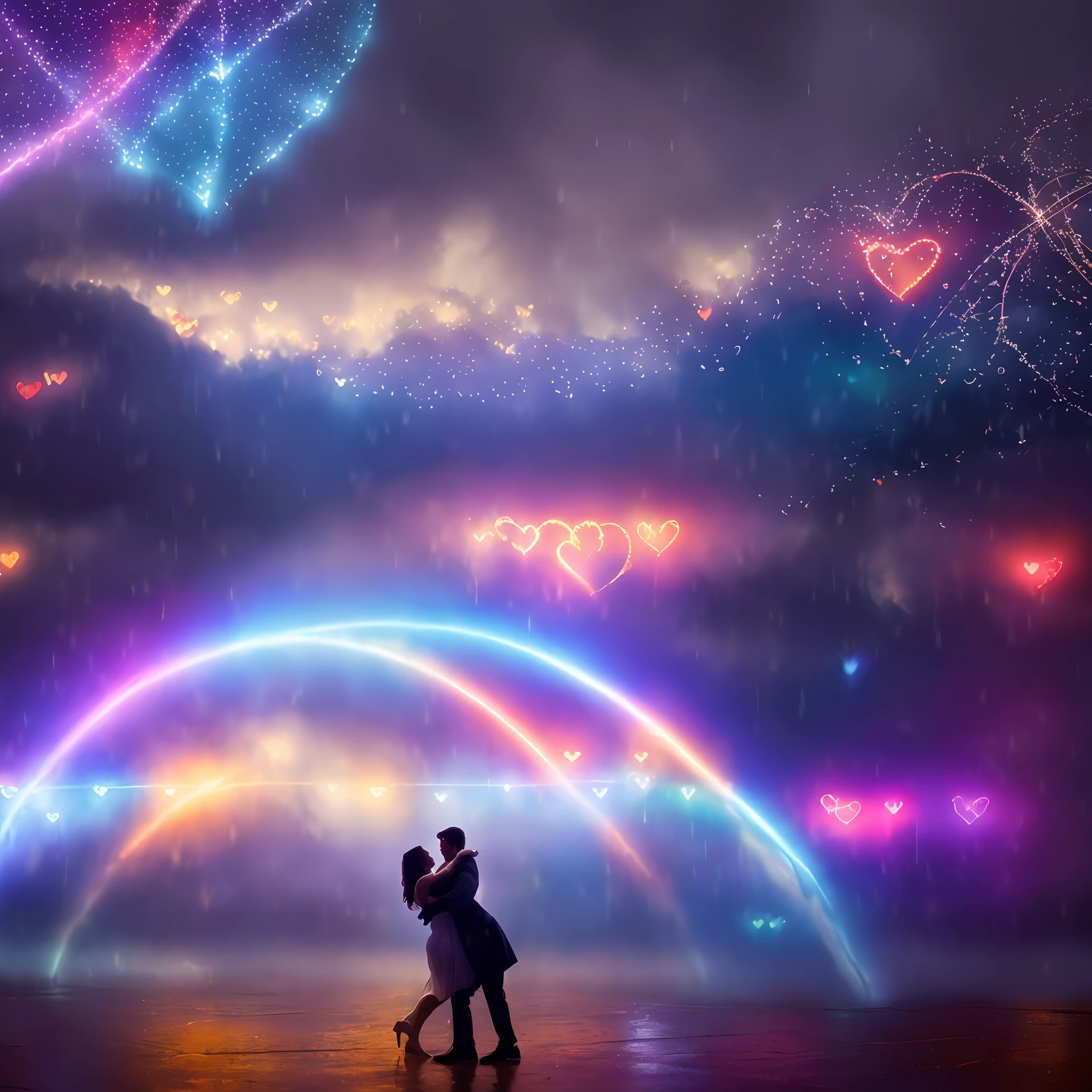 Best quality, maximum resolution, super DPI, 8K. A couple dancing in the rain as hearts fall from the sky.