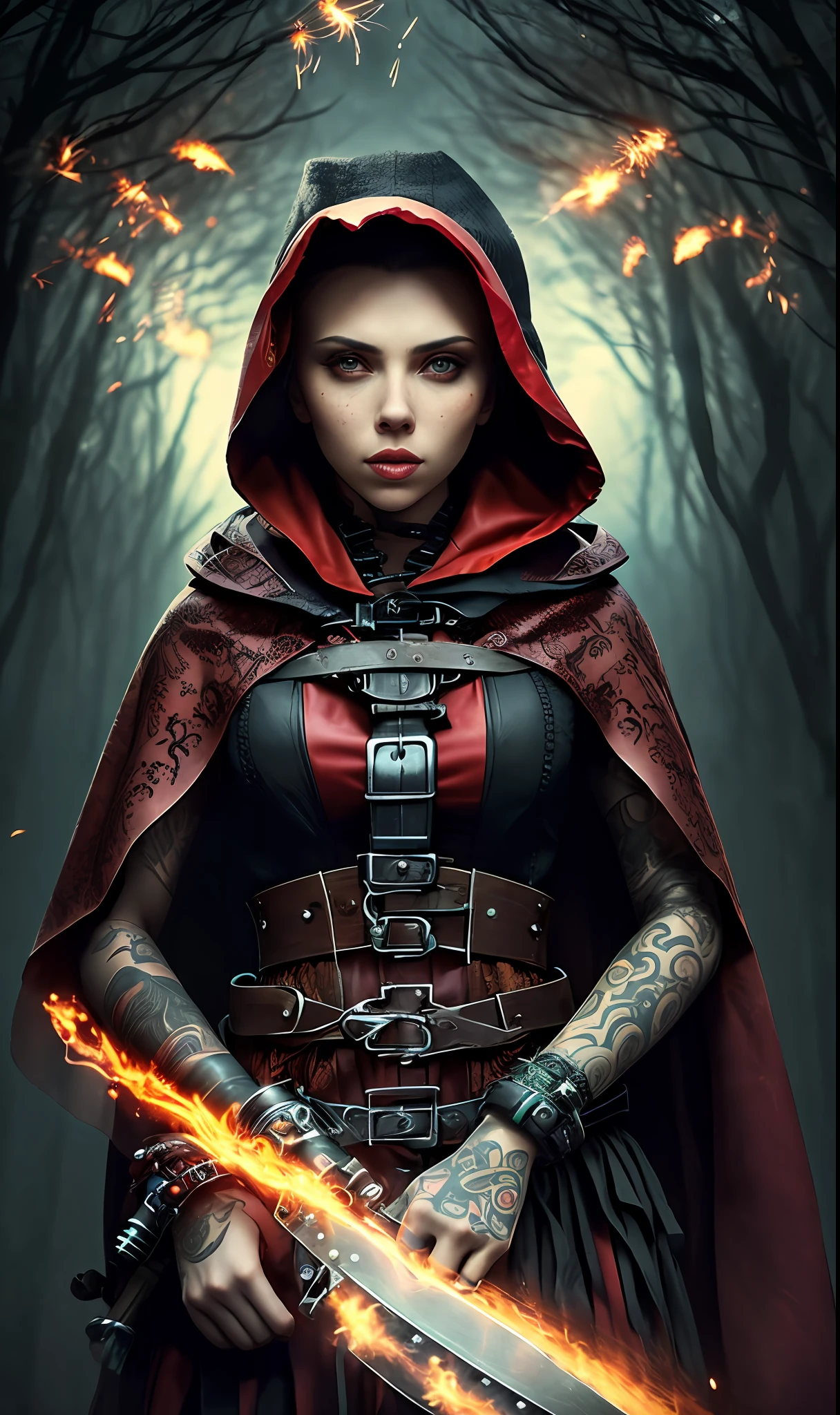 scarlett johansson abstract colors, texture, film grain, skin pores, dusty atmospheric mist:0.1 samdoesart+, intricate hasselblad dslr RAW dramatic full-body portrait photo of (Little Red Riding Hood as a badassed cyborg ninja assassin)1.2, long red cloak, (tattooed)1.3 gothic, small hourglass figure, (freckles)1, brave industrial epic steampunk machete gun bandolier leather, Steel Wool Fire (Sparks)1.3, NoFilter Eye Contact Selfie, (Backlit)1.3 (Neon Lights).7, (Film Grain)1.3, Dark and Cloudy Woods