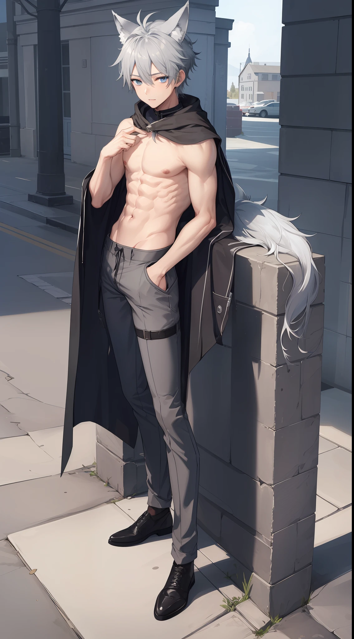 1boy, toned, gray hair, slim, blue eyes, HD, vibrant, masterpiece, full body view, wolf ears, wolf tail