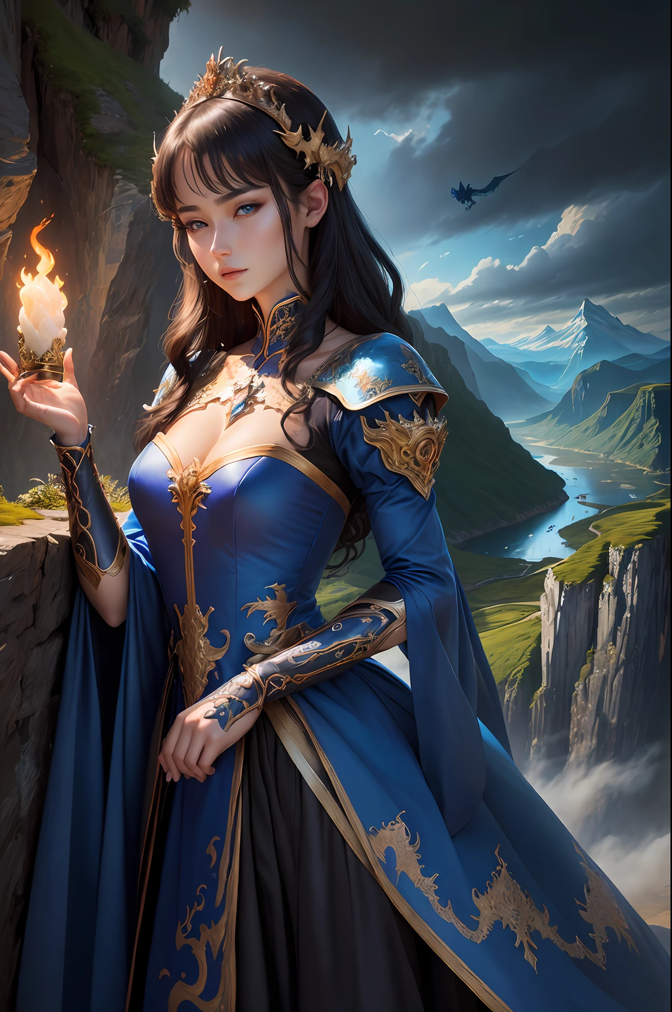 ((best quality)), ((masterpiece)), (detailed), dragon emperatriz, realistic eyes, black hair, blue eyes, small breasts, sensual korean setin dress, evil landscape, ethereal beauty, (fantasy illustration:1.3), charming look, captivating pose, solo girl, supernatural charm, mystical sky, (anime), moonlit night, soft colors, (detailed cloudy landscape:1.3), (high resolution:1.2) (bluish dragon flying in the sky) dressed, on a hill, An army passing far away in a gorge below.
