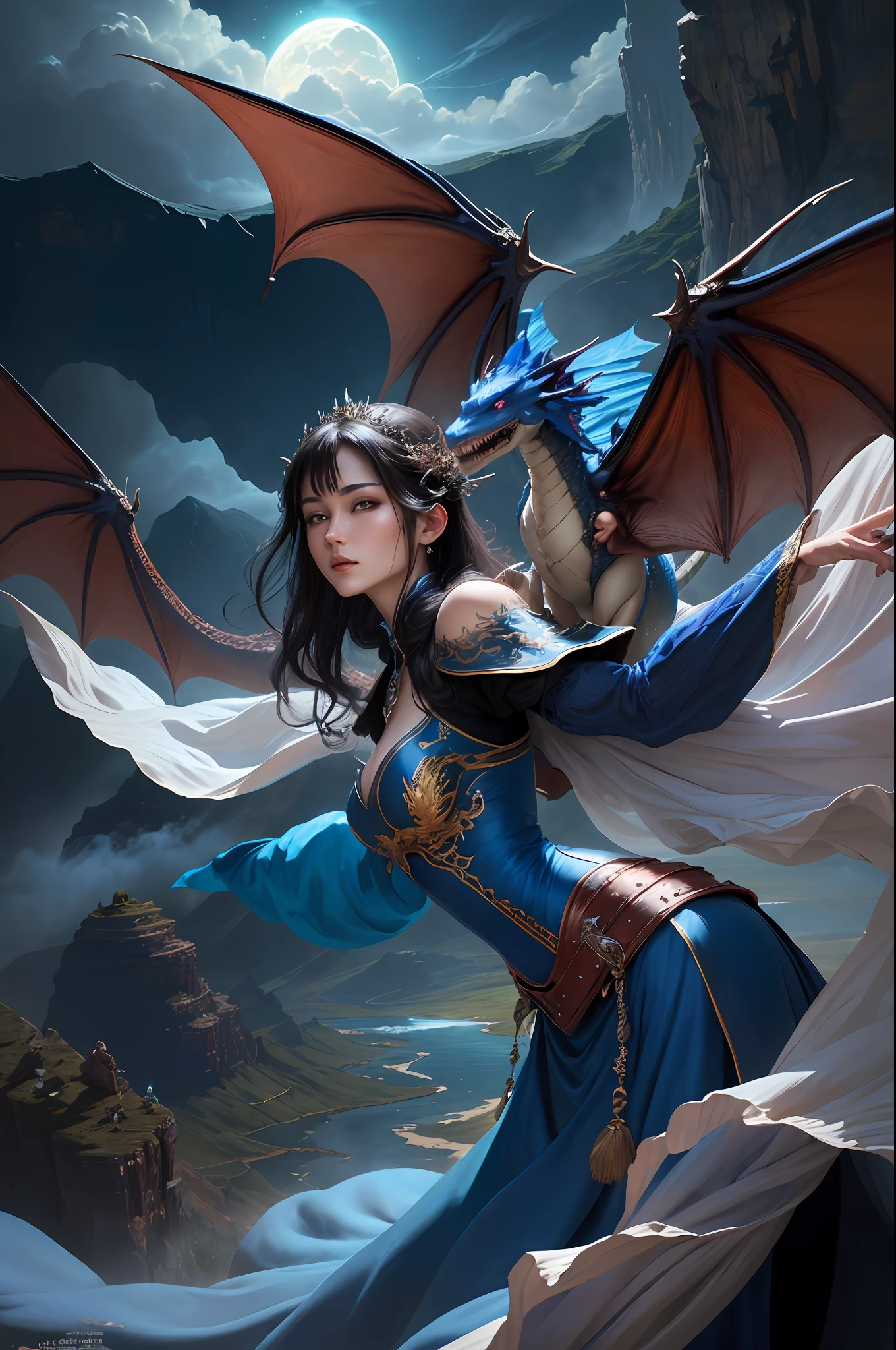 ((best quality)), ((masterpiece)), (detailed), dragon emperatriz, realistic eyes, black hair, blue eyes, small breasts, sensual korean setin dress, evil landscape, ethereal beauty, (fantasy illustration:1.3), charming look, captivating pose, solo girl, supernatural charm, mystical sky, (anime), moonlit night, soft colors, (detailed cloudy landscape:1.3), (high resolution:1.2) (bluish dragon flying in the sky) dressed, on a hill,  An army passing far away in a gorge below.